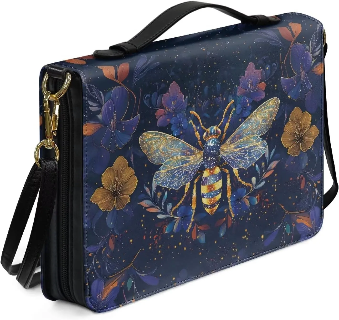 Talayituse Bee Flower Print Bible Cover for Women Men PU Leather Bible Case Large Bible Bag with Handle, Multifunctional Zipper Bible Book Cover Carrying Case with Shoulder Strap, 2XL