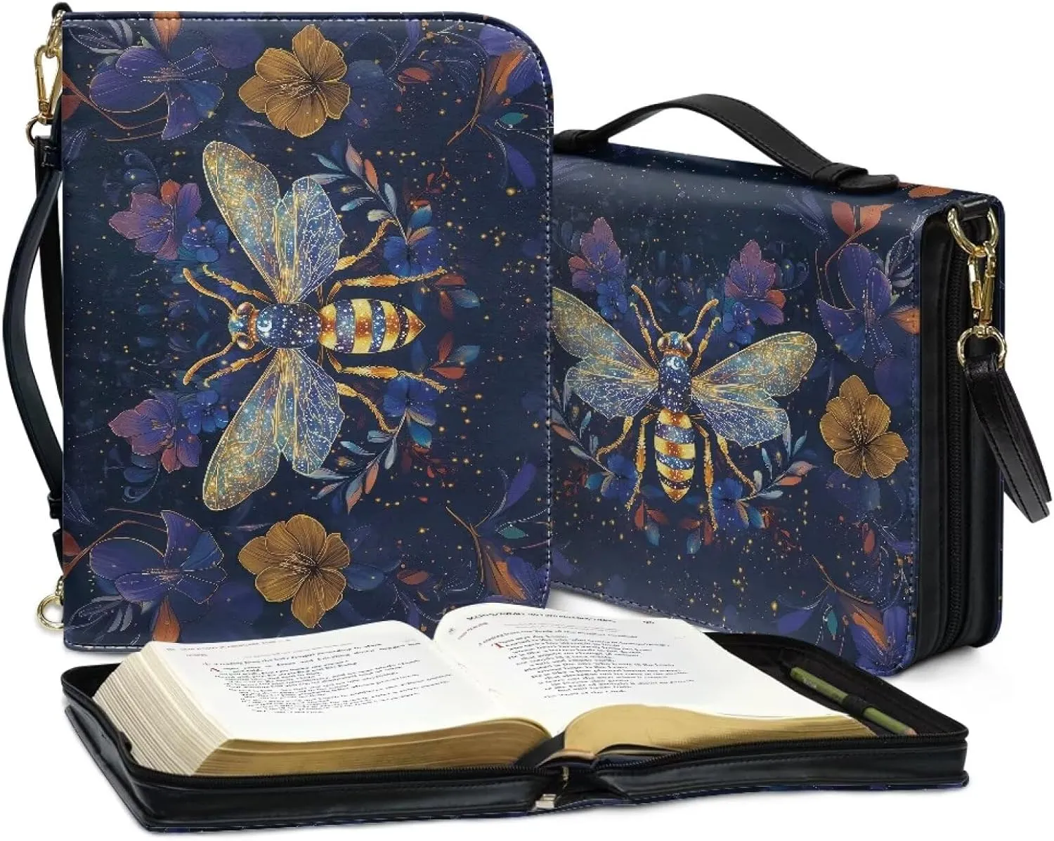 Talayituse Bee Flower Print Bible Cover for Women Men PU Leather Bible Case Large Bible Bag with Handle, Multifunctional Zipper Bible Book Cover Carrying Case with Shoulder Strap, 2XL