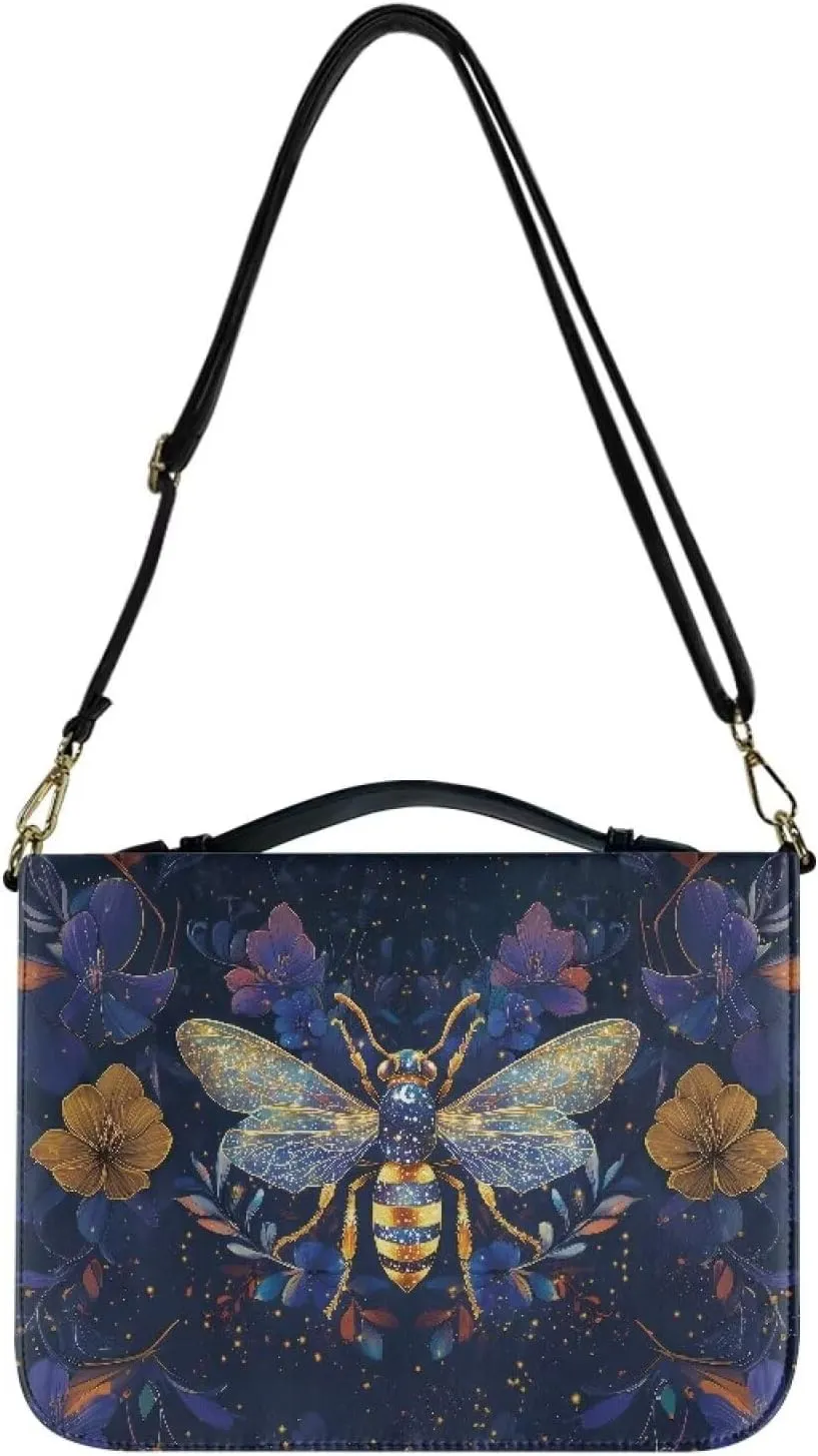 Talayituse Bee Flower Print Bible Cover for Women Men PU Leather Bible Case Large Bible Bag with Handle, Multifunctional Zipper Bible Book Cover Carrying Case with Shoulder Strap, 2XL