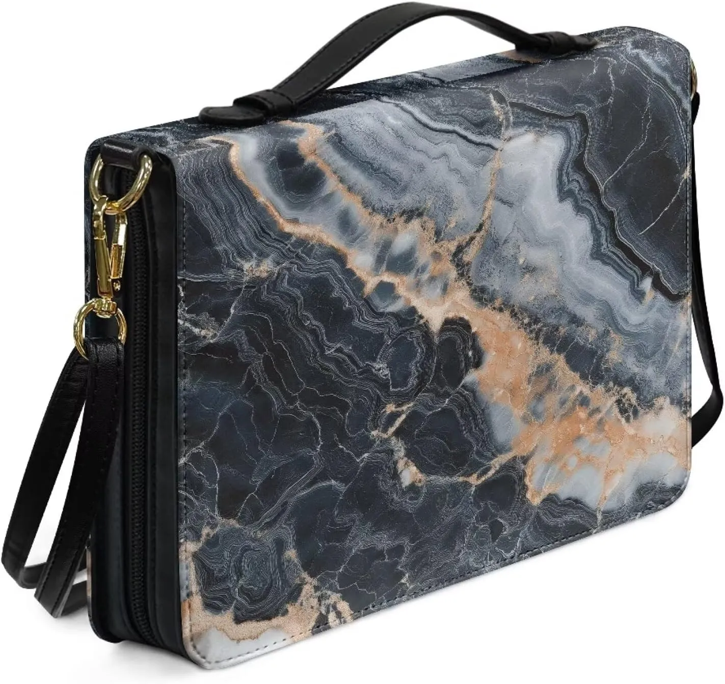 Talayituse Black Marble Print PU Leather Bible Cover for Women Men, Portable Bible Case Multifunctional Bible Bag Bible Carrying Case Bible Carrier with Shoulder Strap, 2XL