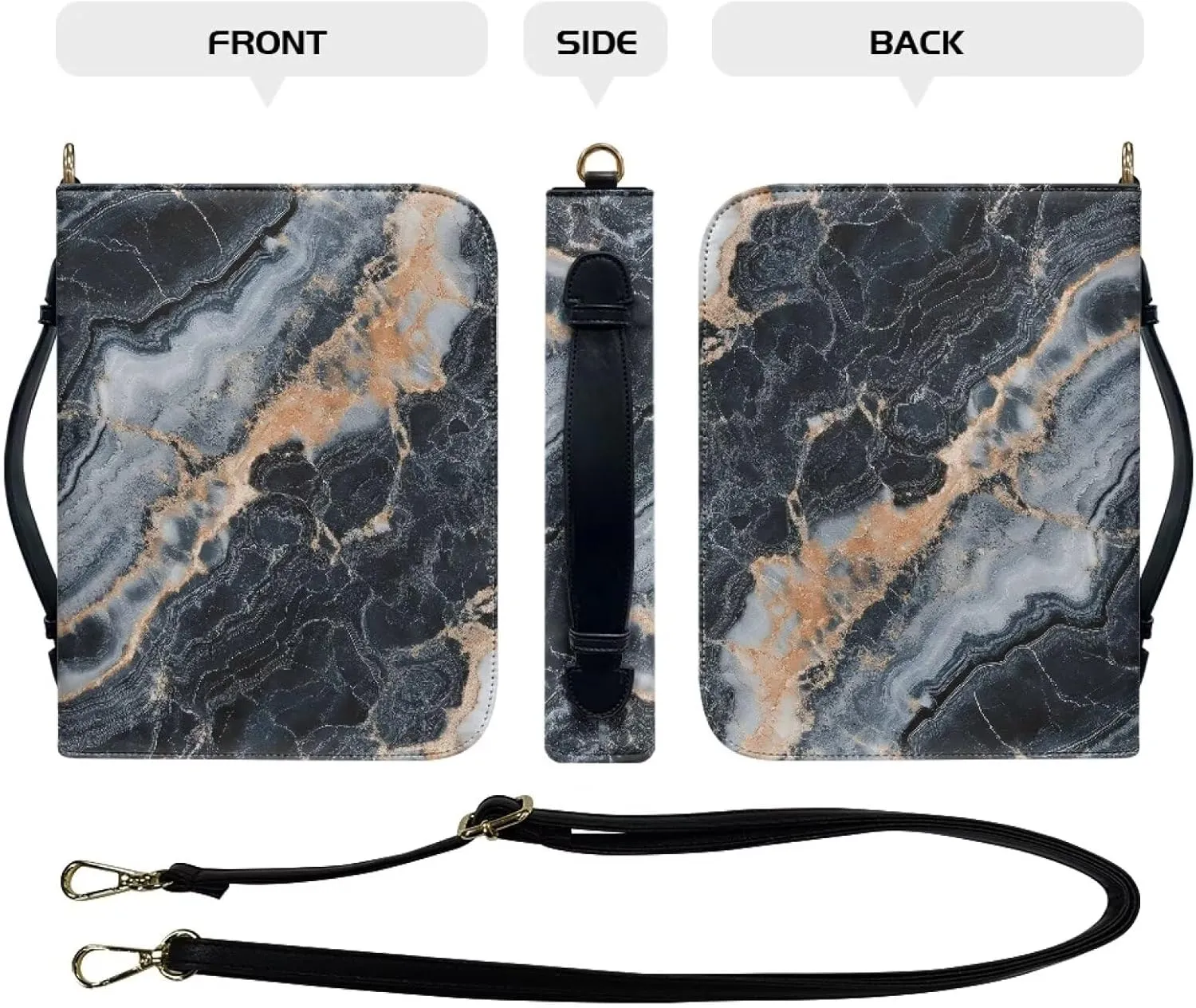 Talayituse Black Marble Print PU Leather Bible Cover for Women Men, Portable Bible Case Multifunctional Bible Bag Bible Carrying Case Bible Carrier with Shoulder Strap, 2XL