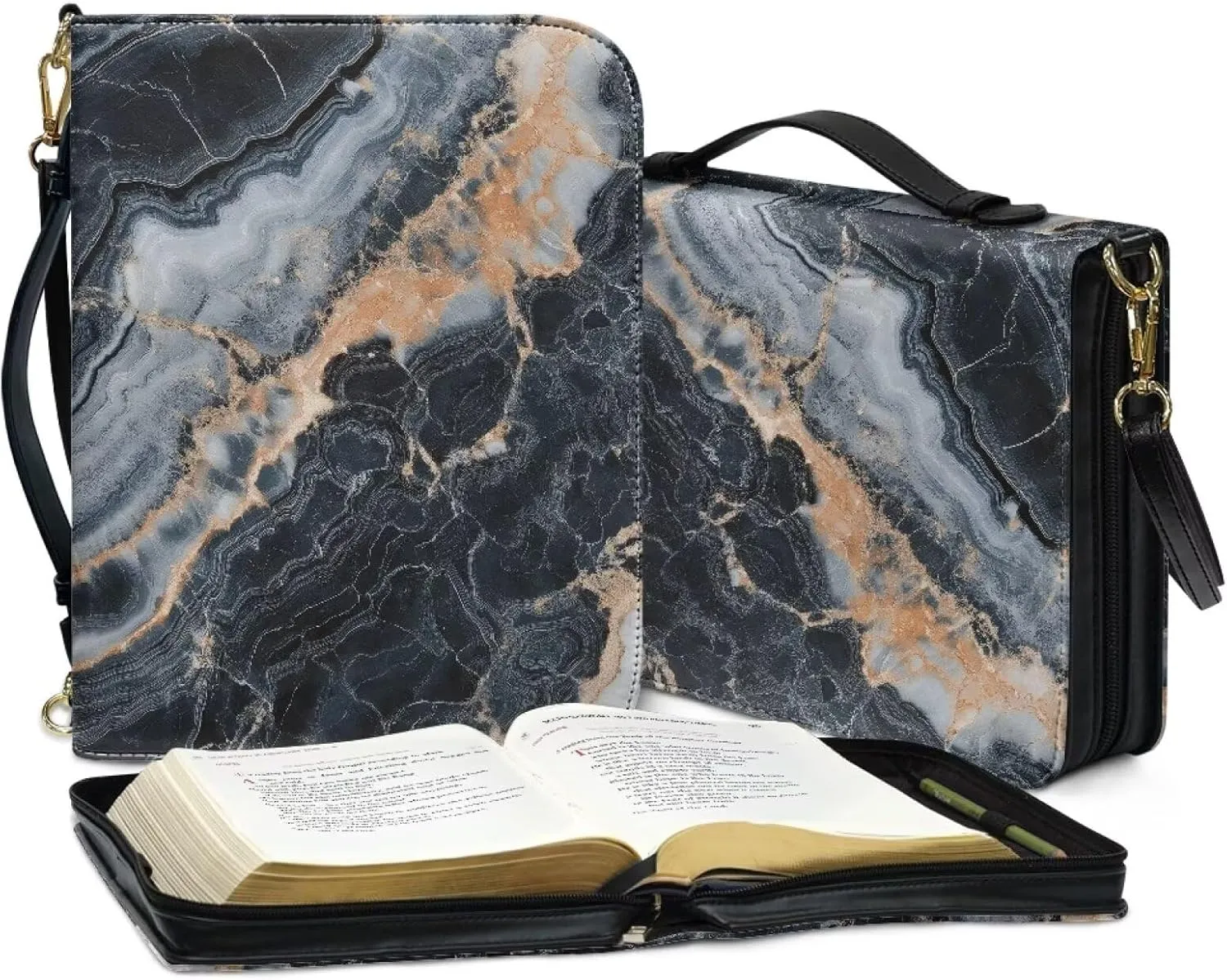 Talayituse Black Marble Print PU Leather Bible Cover for Women Men, Portable Bible Case Multifunctional Bible Bag Bible Carrying Case Bible Carrier with Shoulder Strap, 2XL