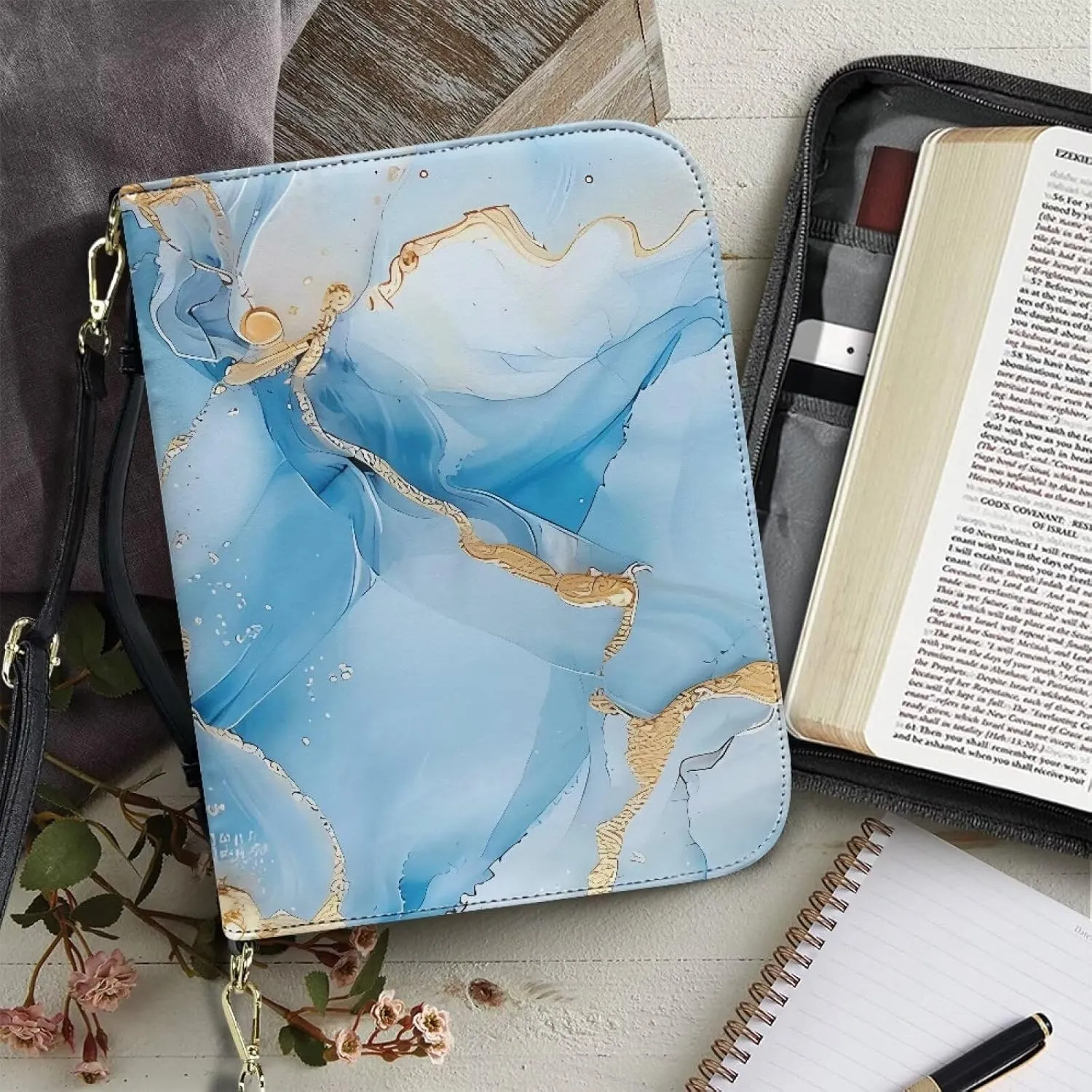 Talayituse Blue Marble Pattern Bible Cover for Women Men Bible Book Cover PU Leather Bible Case Church Bag with Handle Lightweight Bible Study Tools Christian Tote Bags with Shoulder Strap, L
