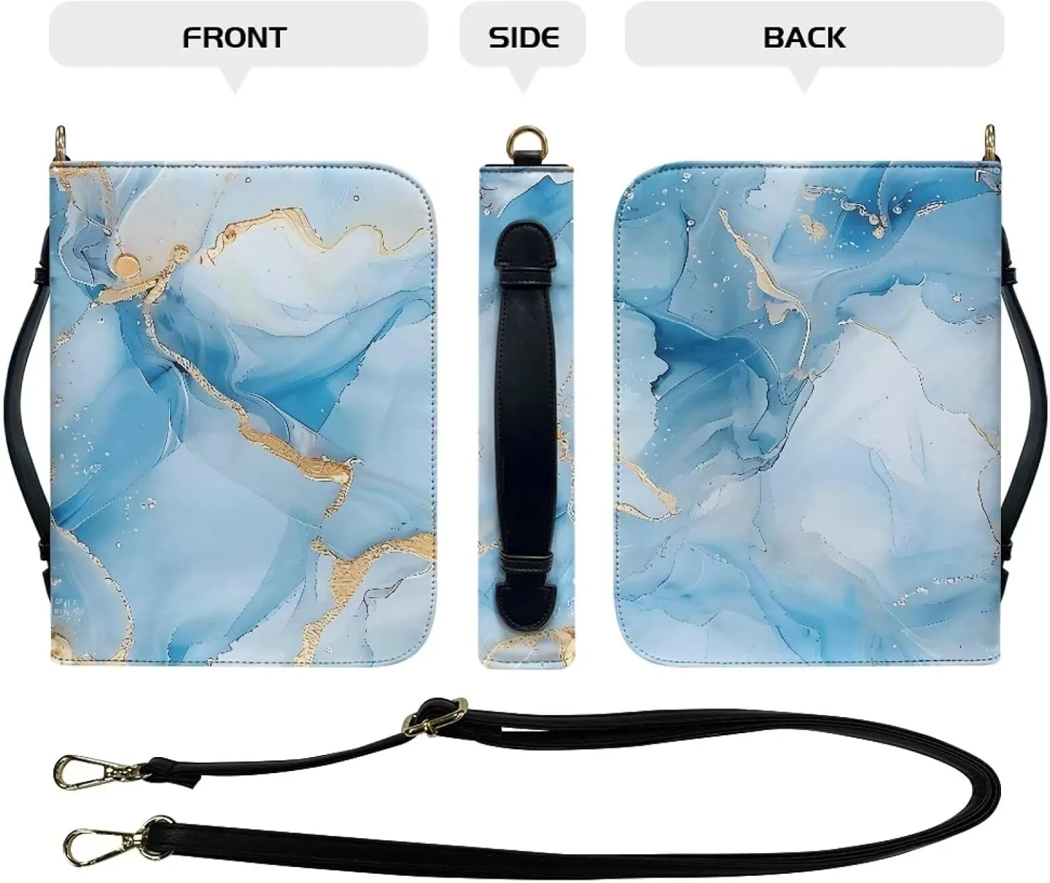 Talayituse Blue Marble Pattern Bible Cover for Women Men Bible Book Cover PU Leather Bible Case Church Bag with Handle Lightweight Bible Study Tools Christian Tote Bags with Shoulder Strap, L