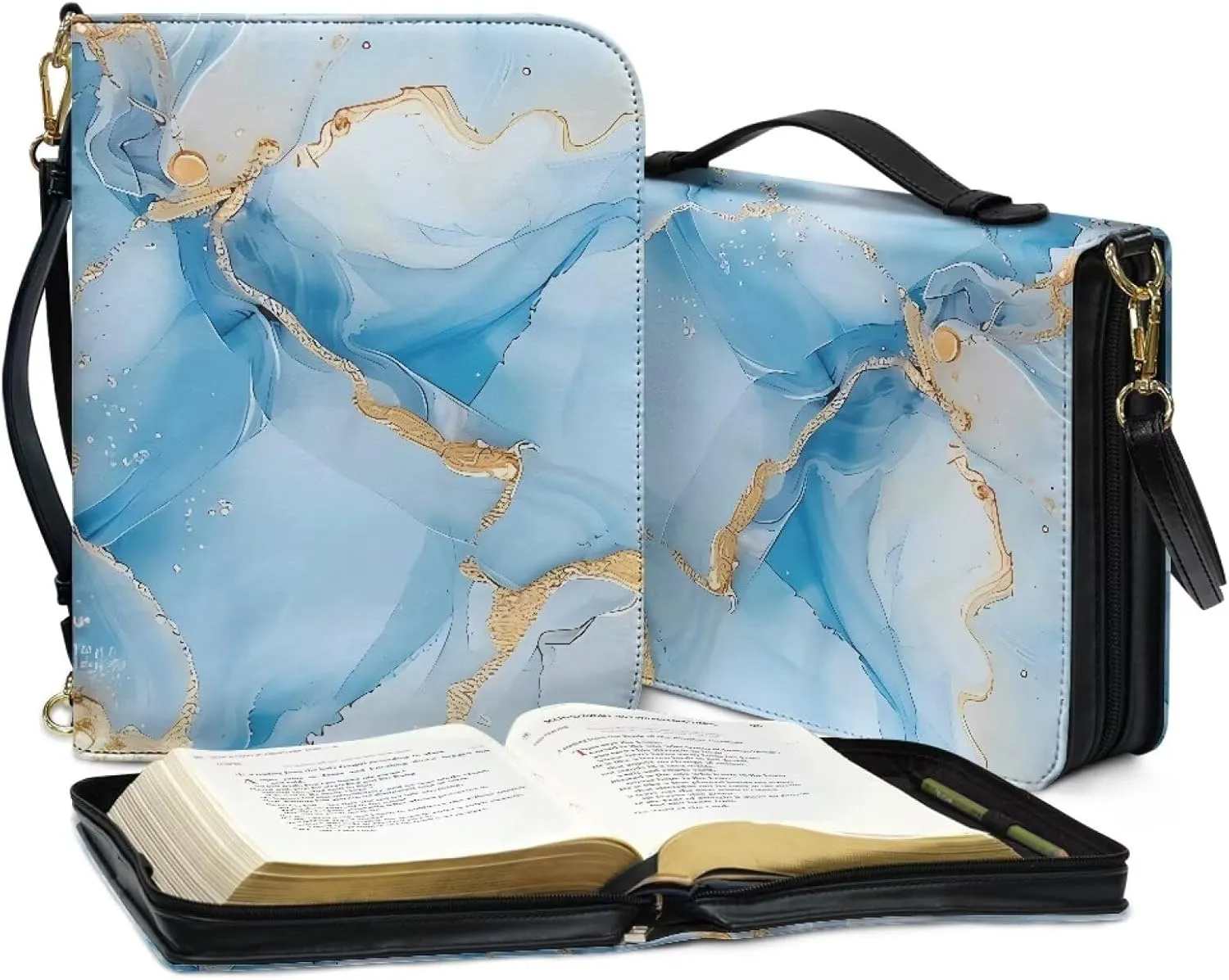 Talayituse Blue Marble Pattern Bible Cover for Women Men Bible Book Cover PU Leather Bible Case Church Bag with Handle Lightweight Bible Study Tools Christian Tote Bags with Shoulder Strap, L