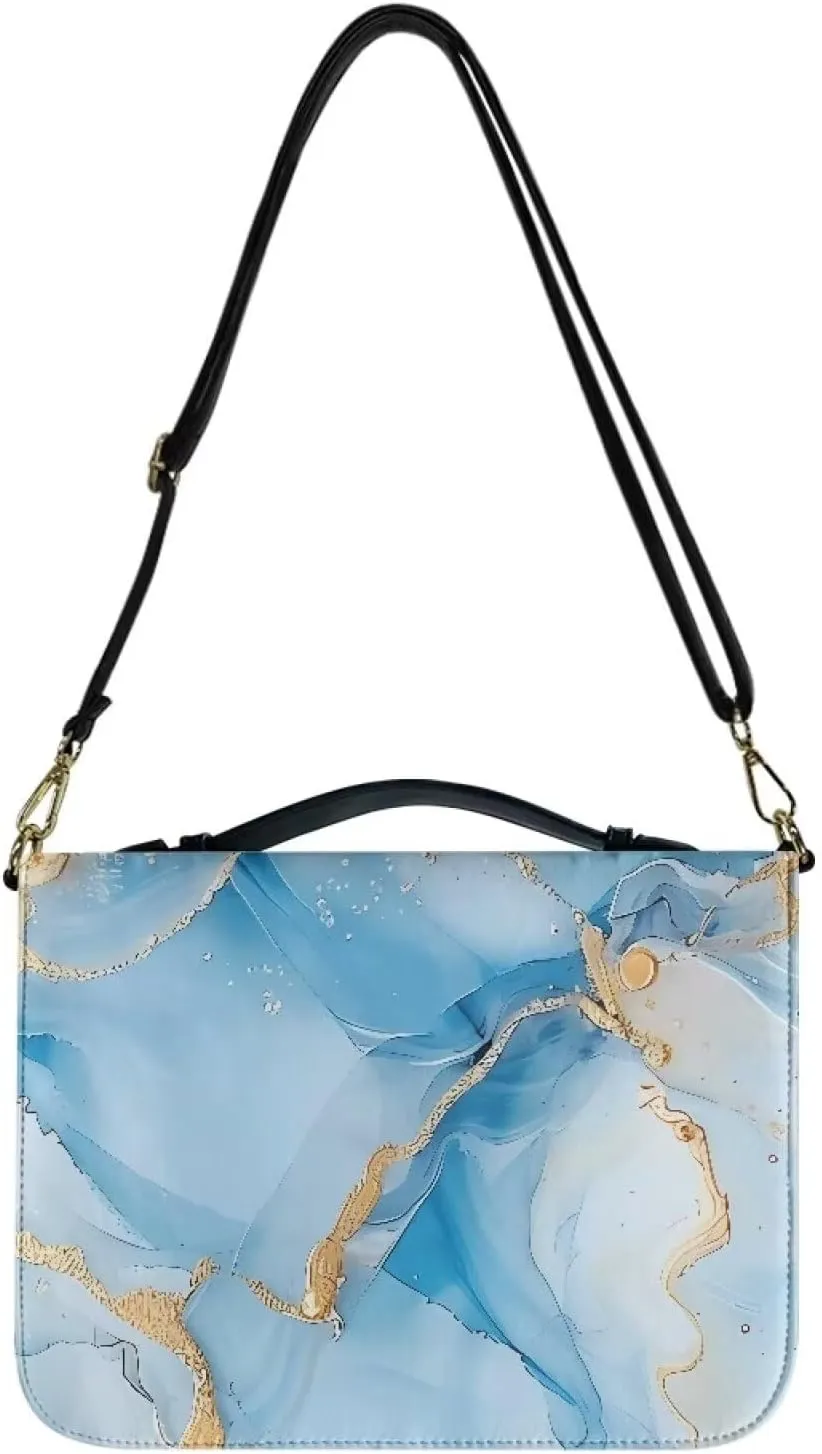Talayituse Blue Marble Pattern Bible Cover for Women Men Bible Book Cover PU Leather Bible Case Church Bag with Handle Lightweight Bible Study Tools Christian Tote Bags with Shoulder Strap, L