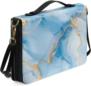 Talayituse Blue Marble Pattern Bible Cover for Women Men Bible Book Cover PU Leather Bible Case Church Bag with Handle Lightweight Bible Study Tools Christian Tote Bags with Shoulder Strap, L