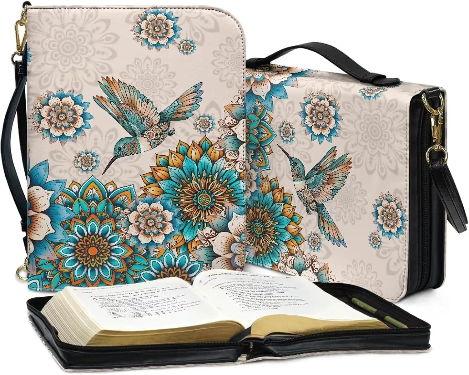 Talayituse Boho Mandala Hummingbird Pattern Leather Bible Cover for Women Men, Bible Case Multifunctional Bible Bag Bible Carrying Case Bible Carrier with Shoulder Strap, 2XL