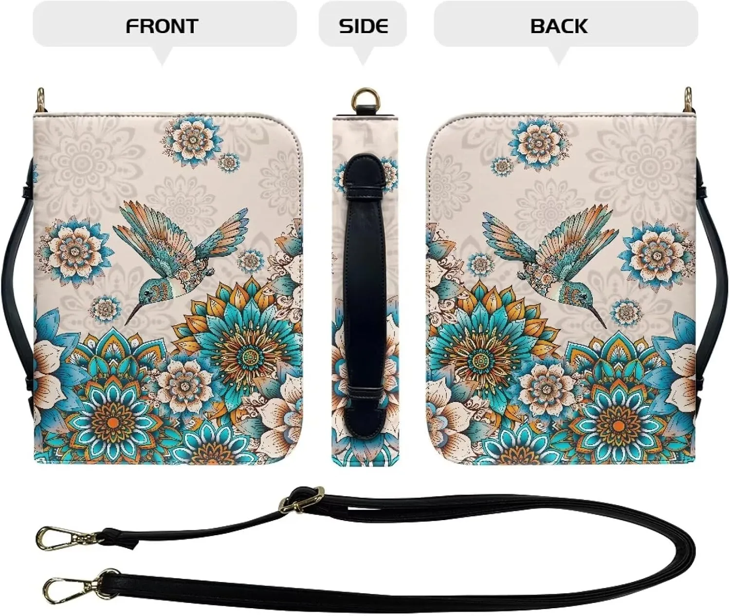 Talayituse Boho Mandala Hummingbird Pattern Leather Bible Cover for Women Men, Bible Case Multifunctional Bible Bag Bible Carrying Case Bible Carrier with Shoulder Strap, 2XL
