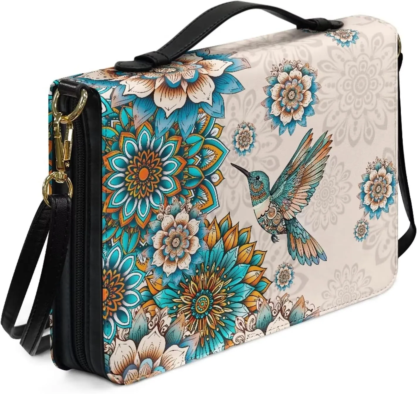 Talayituse Boho Mandala Hummingbird Pattern Leather Bible Cover for Women Men, Bible Case Multifunctional Bible Bag Bible Carrying Case Bible Carrier with Shoulder Strap, 2XL