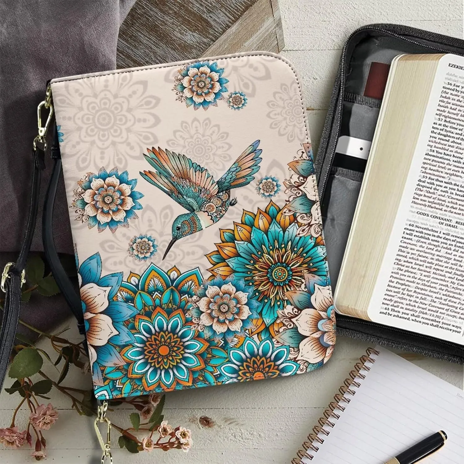 Talayituse Boho Mandala Hummingbird Pattern Leather Bible Cover for Women Men, Bible Case Multifunctional Bible Bag Bible Carrying Case Bible Carrier with Shoulder Strap, 2XL