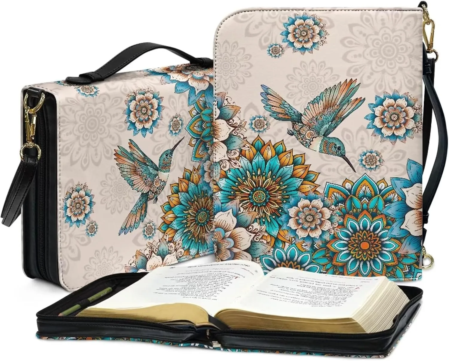 Talayituse Boho Mandala Hummingbird Pattern Leather Bible Cover for Women Men, Bible Case Multifunctional Bible Bag Bible Carrying Case Bible Carrier with Shoulder Strap, 2XL