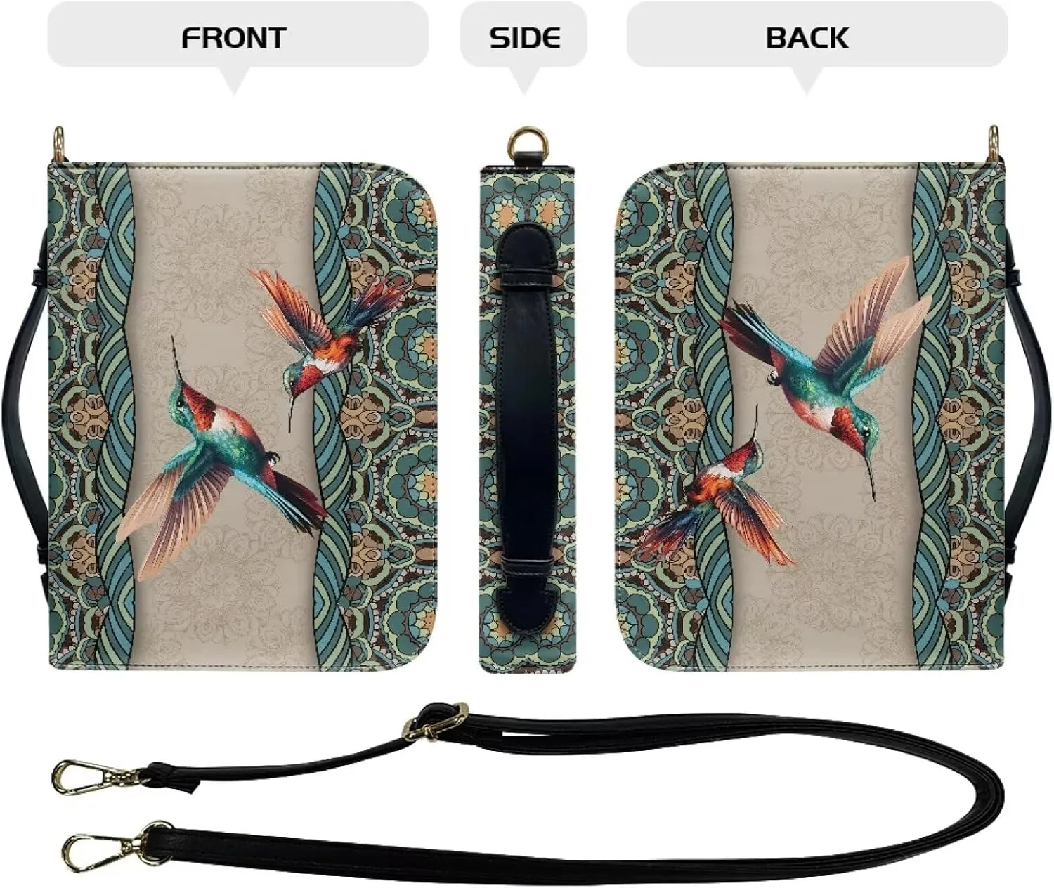 Talayituse Boho Mandala Hummingbird Print Bible Cover for Men Women, PU Leather Bible Carrying Case with Adjustable Shoulder Strap, Waterproof Bible Bags Scripture Bag Church Bag for Bible Study, 2XL