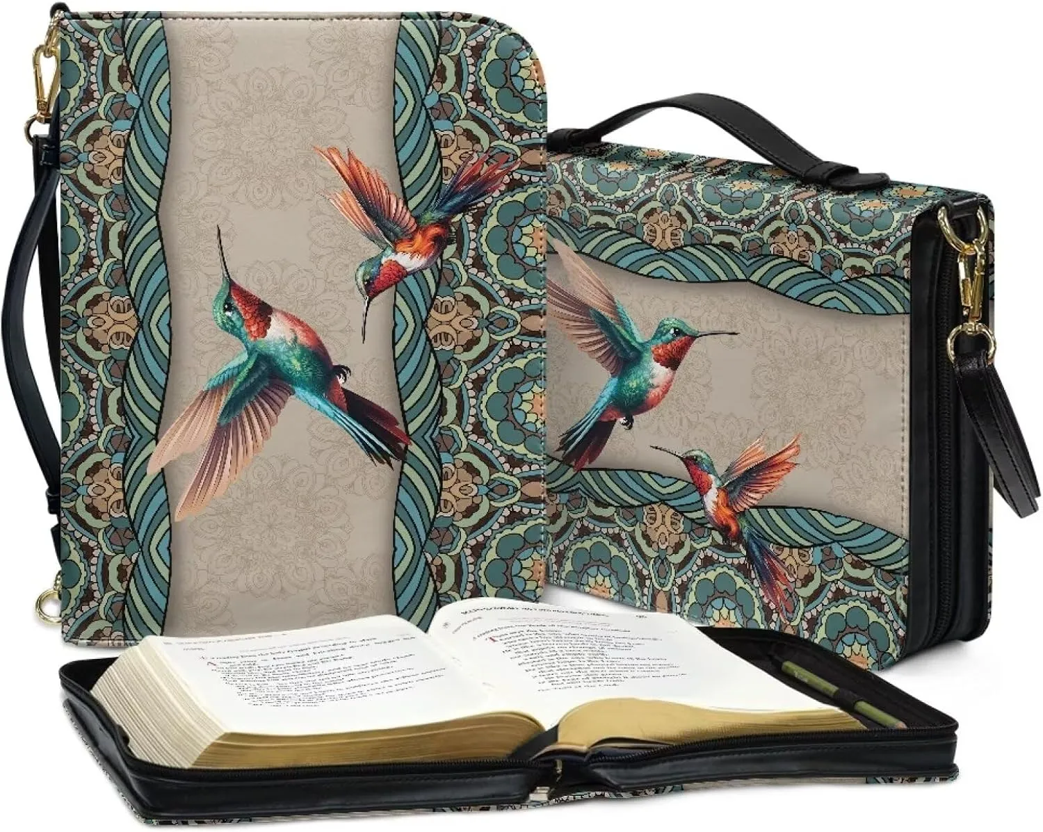 Talayituse Boho Mandala Hummingbird Print Bible Cover for Men Women, PU Leather Bible Carrying Case with Adjustable Shoulder Strap, Waterproof Bible Bags Scripture Bag Church Bag for Bible Study, 2XL
