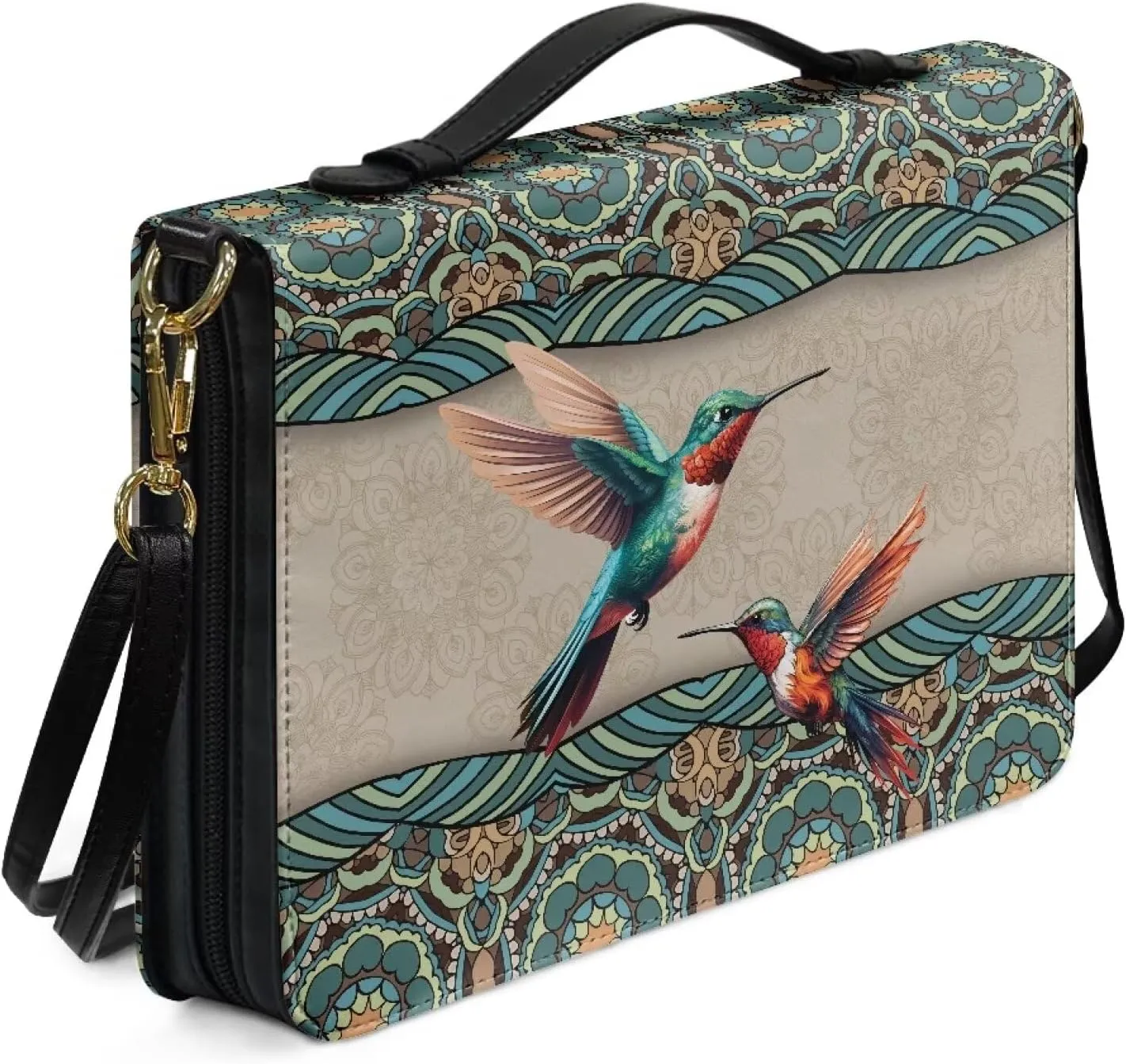 Talayituse Boho Mandala Hummingbird Print Bible Cover for Men Women, PU Leather Bible Carrying Case with Adjustable Shoulder Strap, Waterproof Bible Bags Scripture Bag Church Bag for Bible Study, 2XL