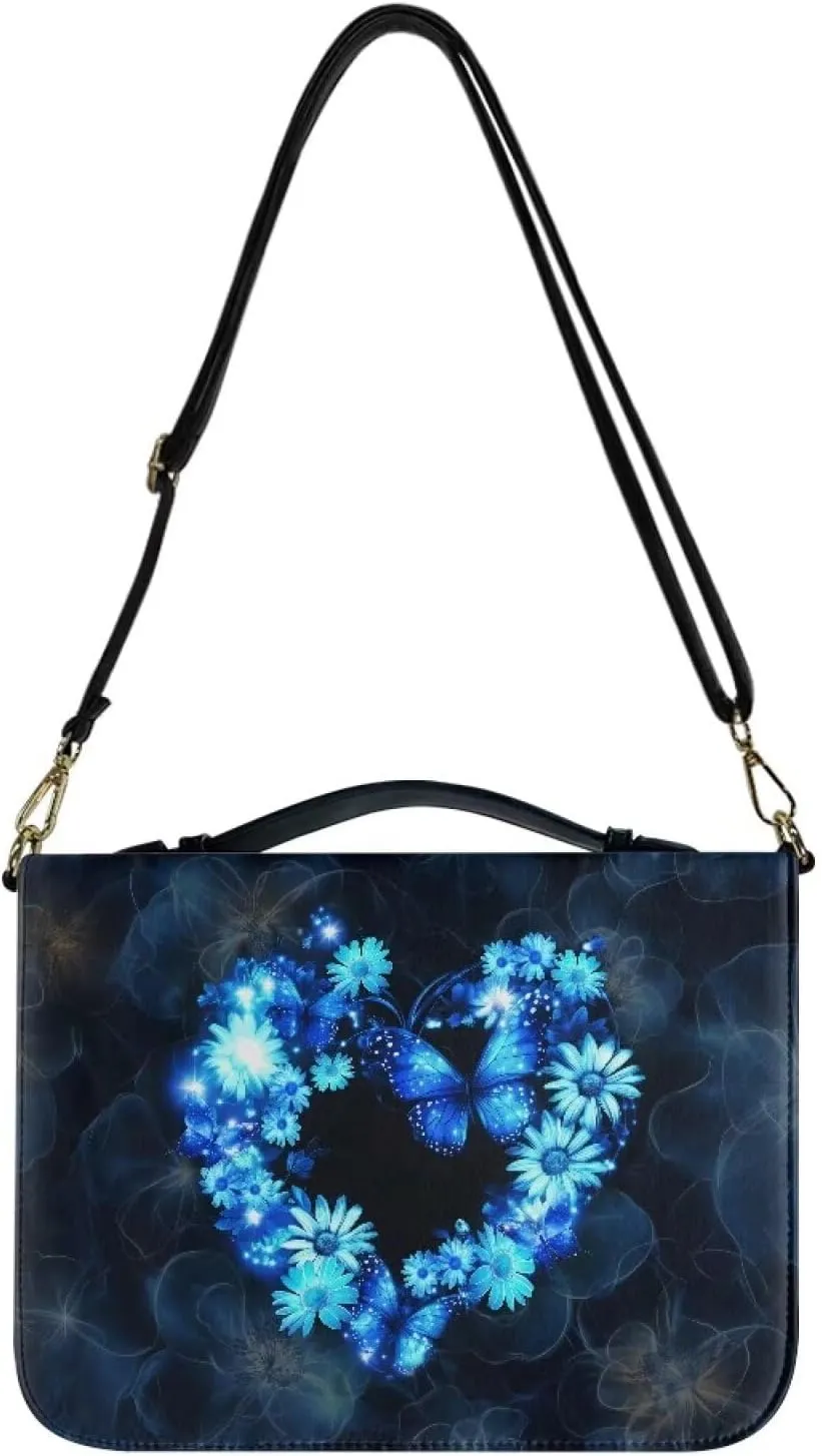 Talayituse Butterfly Daisy Heart Print Bible Cover for Men Women PU Leather Carrying Book Case Bible Bag Large Size Bible Case Church Bag Bible Protective with Handle and Shoulder Strap, L