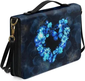 Talayituse Butterfly Daisy Heart Print Bible Cover for Men Women PU Leather Carrying Book Case Bible Bag Large Size Bible Case Church Bag Bible Protective with Handle and Shoulder Strap, L
