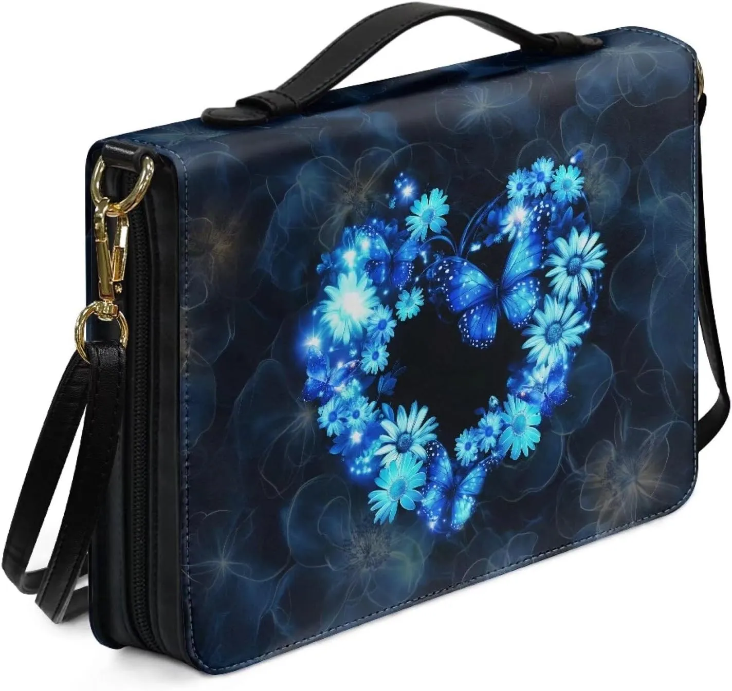 Talayituse Butterfly Daisy Heart Print Bible Cover for Men Women PU Leather Carrying Book Case Bible Bag Large Size Bible Case Church Bag Bible Protective with Handle and Shoulder Strap, L