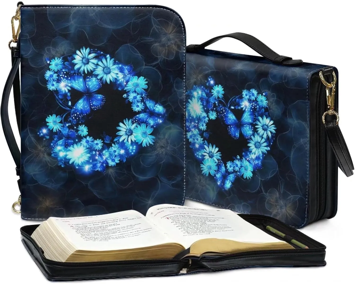 Talayituse Butterfly Daisy Heart Print Bible Cover for Men Women PU Leather Carrying Book Case Bible Bag Large Size Bible Case Church Bag Bible Protective with Handle and Shoulder Strap, L