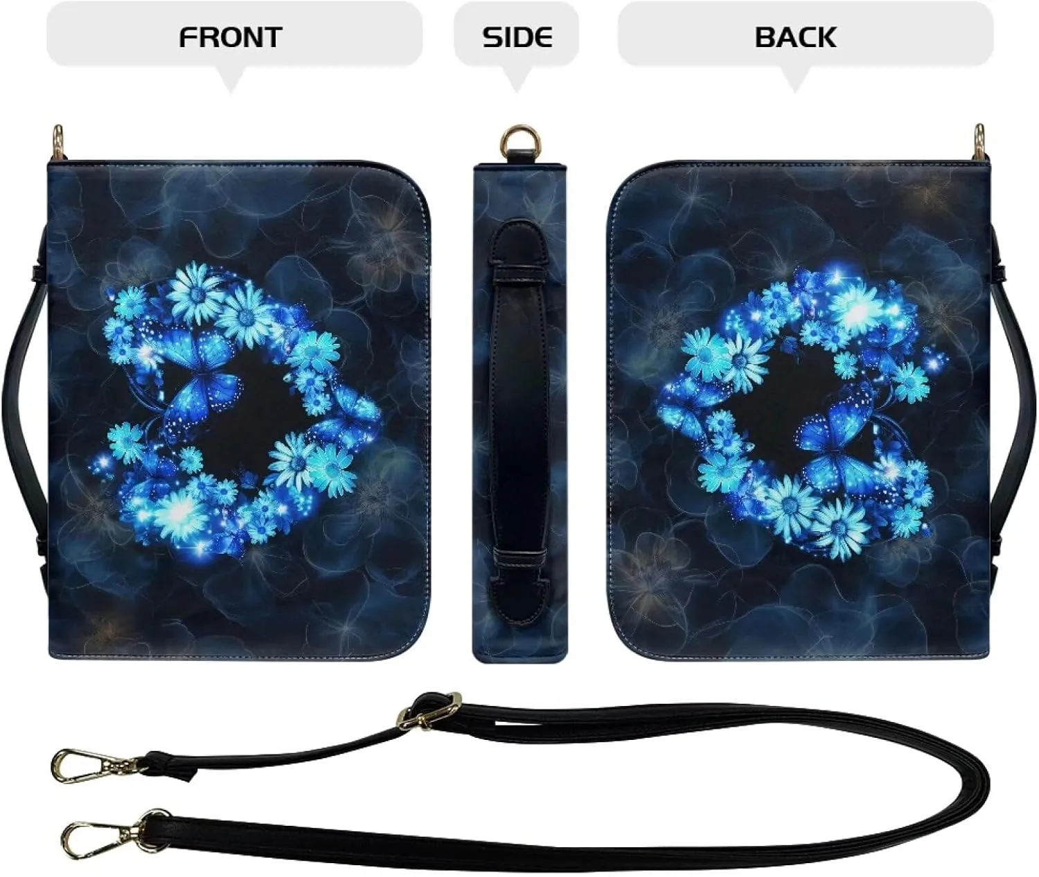 Talayituse Butterfly Daisy Heart Print Bible Cover for Men Women PU Leather Carrying Book Case Bible Bag Large Size Bible Case Church Bag Bible Protective with Handle and Shoulder Strap, L