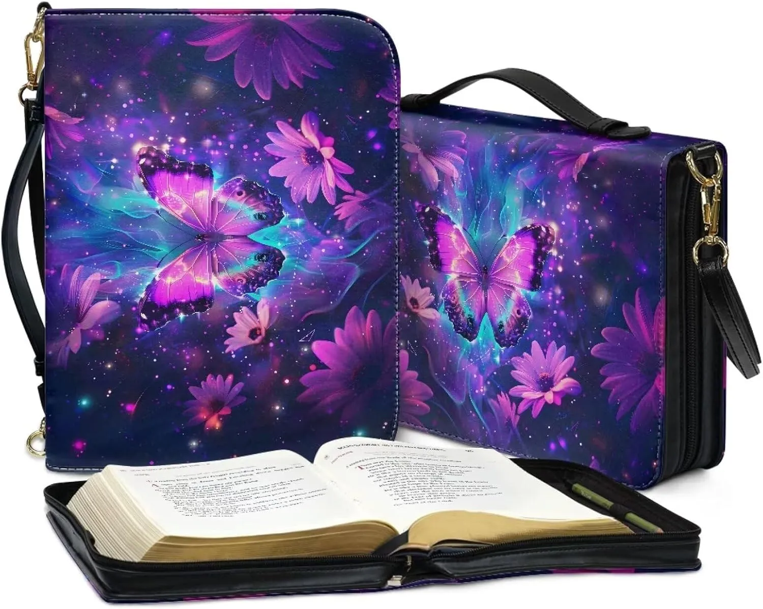 Talayituse Butterfly Daisy Pattern Bible Cover with Detachable Shoulder Strap for Women Men, Waterproof PU Leather Bible Case Bag Tote Bag with Handle Bible Carrying Accessories, L