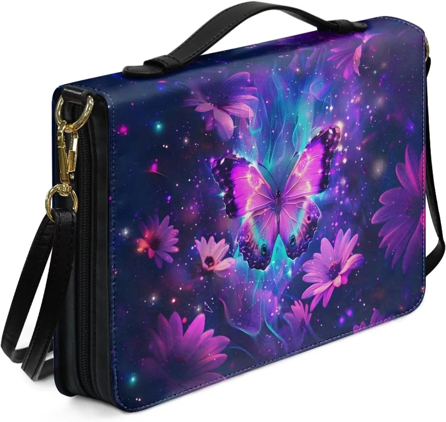 Talayituse Butterfly Daisy Pattern Bible Cover with Detachable Shoulder Strap for Women Men, Waterproof PU Leather Bible Case Bag Tote Bag with Handle Bible Carrying Accessories, L