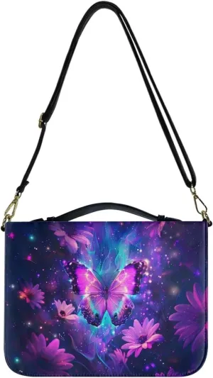 Talayituse Butterfly Daisy Pattern Bible Cover with Detachable Shoulder Strap for Women Men, Waterproof PU Leather Bible Case Bag Tote Bag with Handle Bible Carrying Accessories, L