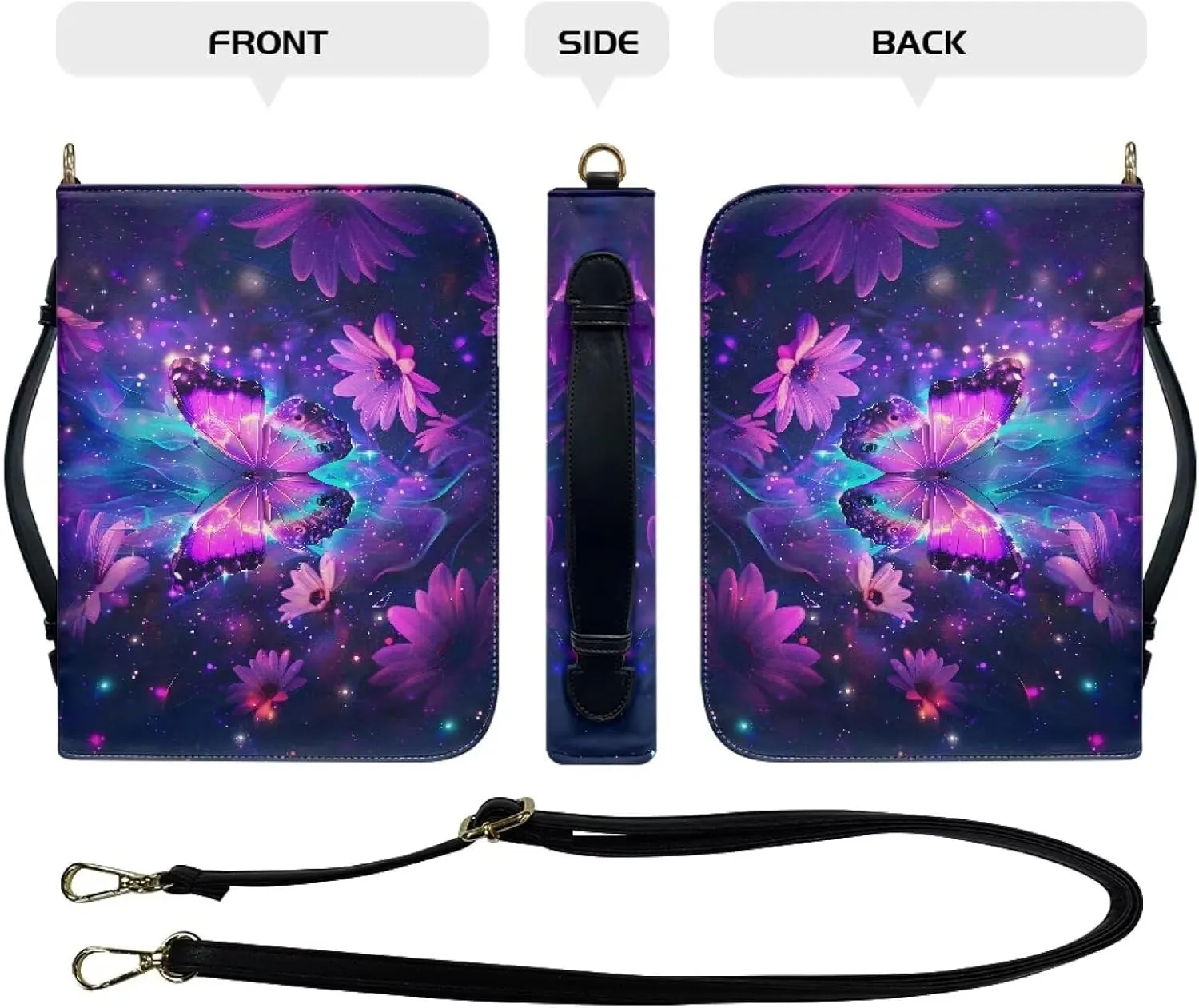 Talayituse Butterfly Daisy Pattern Bible Cover with Detachable Shoulder Strap for Women Men, Waterproof PU Leather Bible Case Bag Tote Bag with Handle Bible Carrying Accessories, L