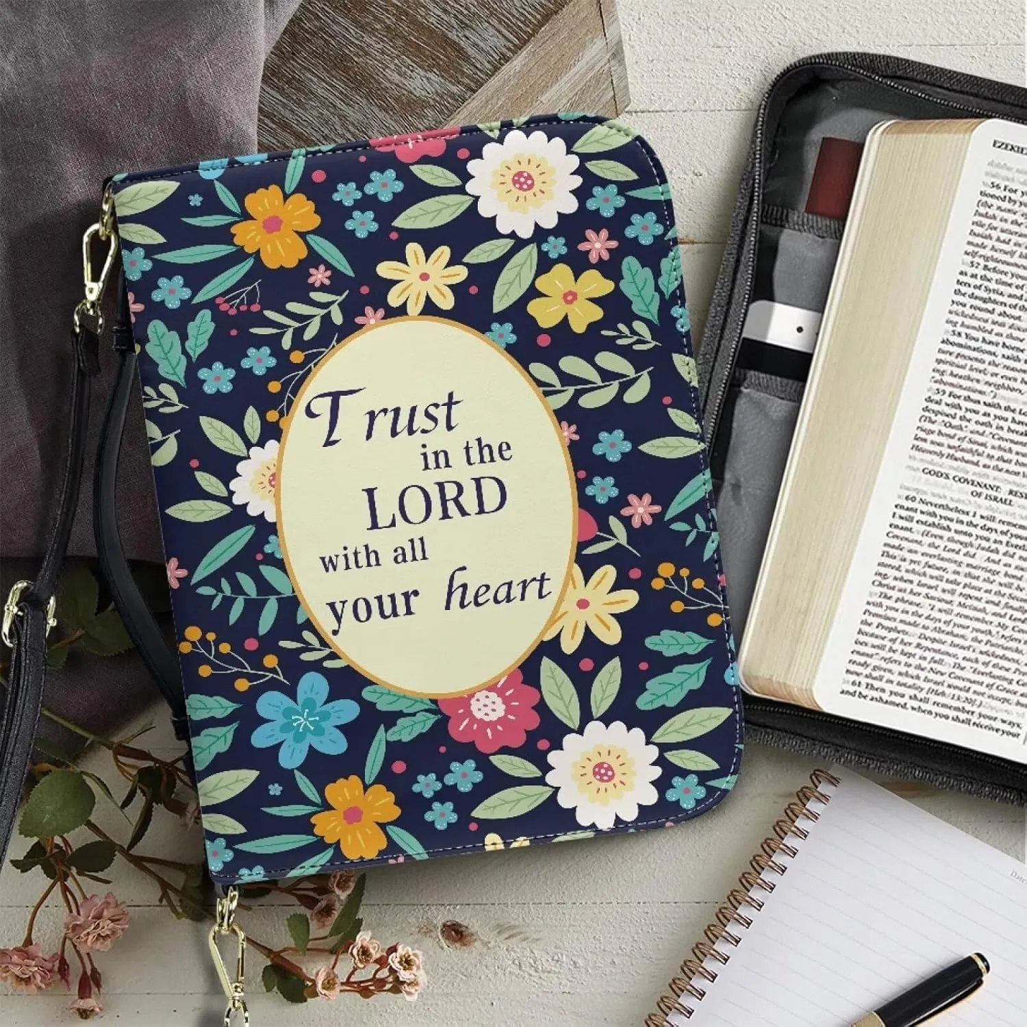 Talayituse Colorful Flower Print Bible Cover with Shoulder Strap Trust in The Lord PU Leather Makeup Organizer Expand Brief Case Journal Case Christian Purses Handbags with Handle for Women Men, L