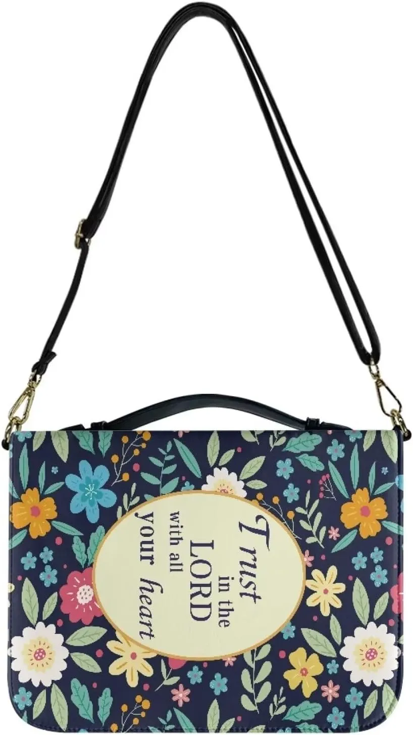 Talayituse Colorful Flower Print Bible Cover with Shoulder Strap Trust in The Lord PU Leather Makeup Organizer Expand Brief Case Journal Case Christian Purses Handbags with Handle for Women Men, L