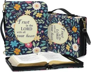 Talayituse Colorful Flower Print Bible Cover with Shoulder Strap Trust in The Lord PU Leather Makeup Organizer Expand Brief Case Journal Case Christian Purses Handbags with Handle for Women Men, L