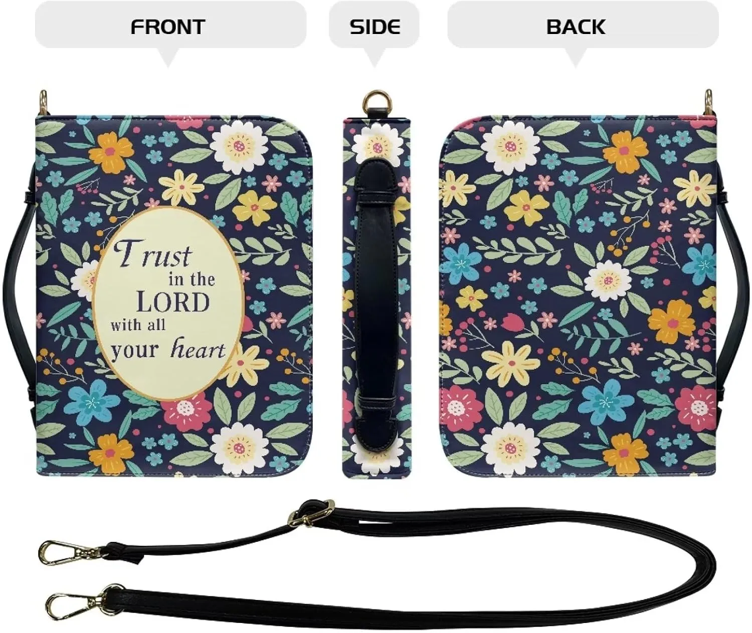 Talayituse Colorful Flower Print Bible Cover with Shoulder Strap Trust in The Lord PU Leather Makeup Organizer Expand Brief Case Journal Case Christian Purses Handbags with Handle for Women Men, L