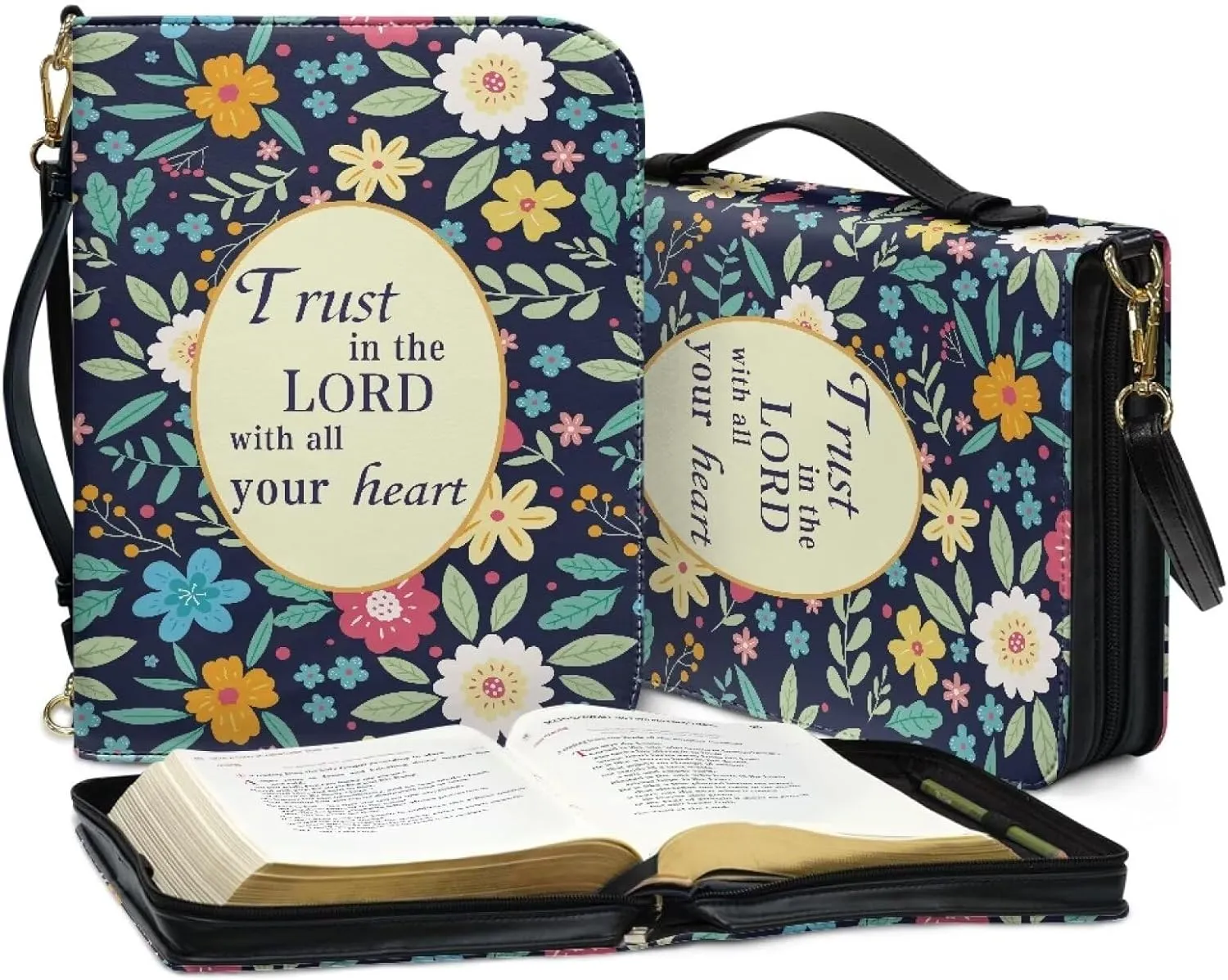 Talayituse Colorful Flower Print Bible Cover with Shoulder Strap Trust in The Lord PU Leather Makeup Organizer Expand Brief Case Journal Case Christian Purses Handbags with Handle for Women Men, L