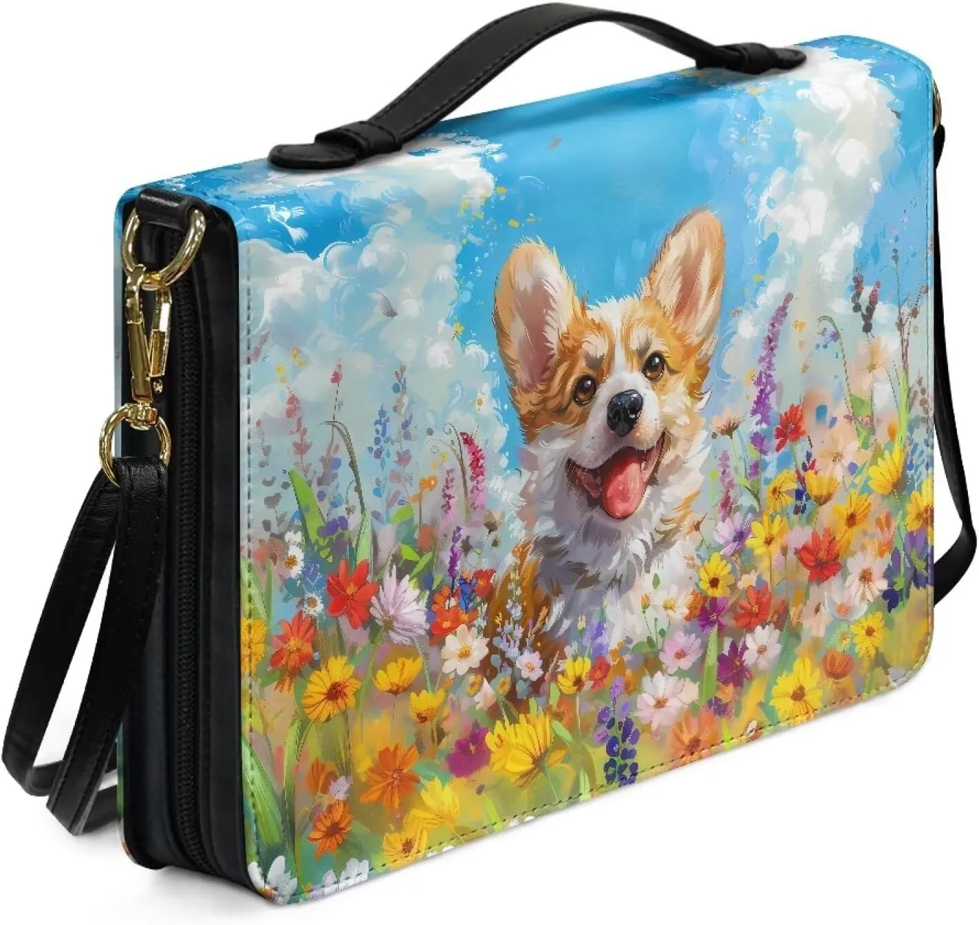 Talayituse Corgi Dog Daisy Pattern Bible Cover for Women Men Bible Bags with Handle PU Leather Bible Cover Case Book Cover Church Tote Bag Bible Accessories with Shoulder Strap, L