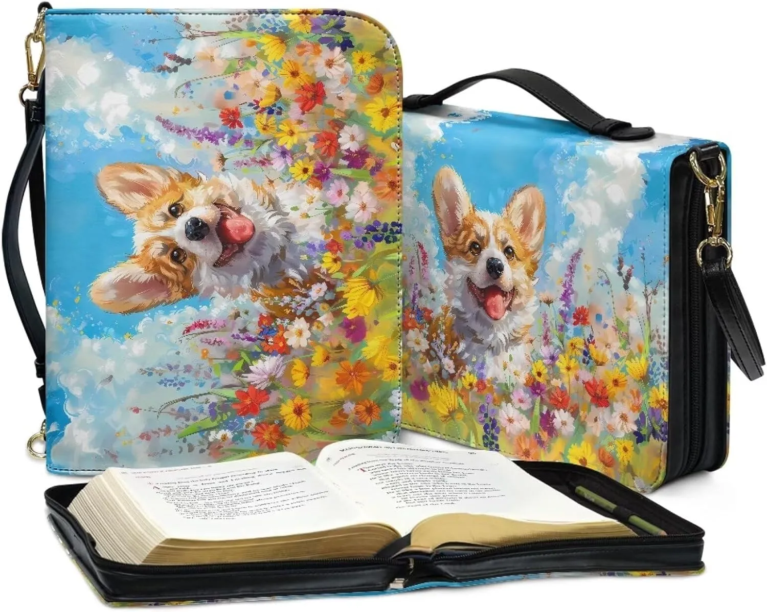 Talayituse Corgi Dog Daisy Pattern Bible Cover for Women Men Bible Bags with Handle PU Leather Bible Cover Case Book Cover Church Tote Bag Bible Accessories with Shoulder Strap, L