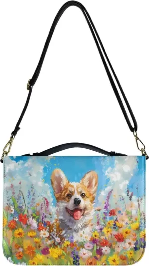 Talayituse Corgi Dog Daisy Pattern Bible Cover for Women Men Bible Bags with Handle PU Leather Bible Cover Case Book Cover Church Tote Bag Bible Accessories with Shoulder Strap, L