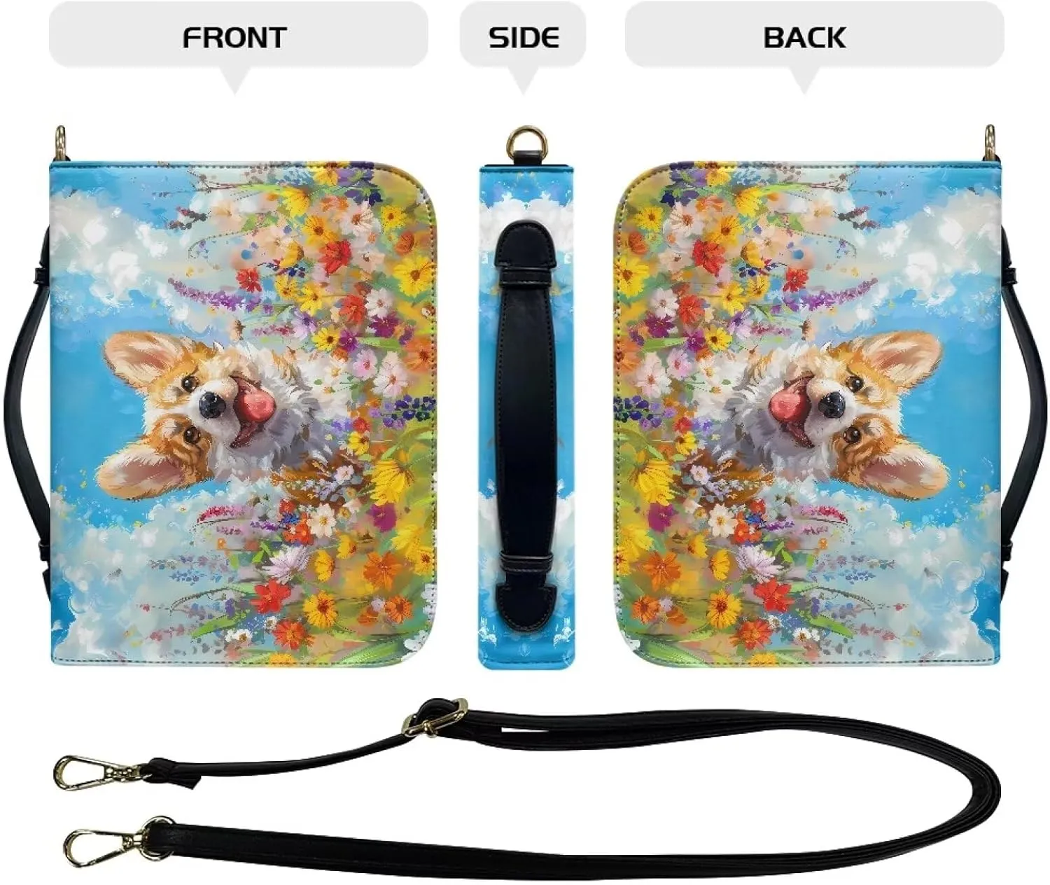 Talayituse Corgi Dog Daisy Pattern Bible Cover for Women Men Bible Bags with Handle PU Leather Bible Cover Case Book Cover Church Tote Bag Bible Accessories with Shoulder Strap, L