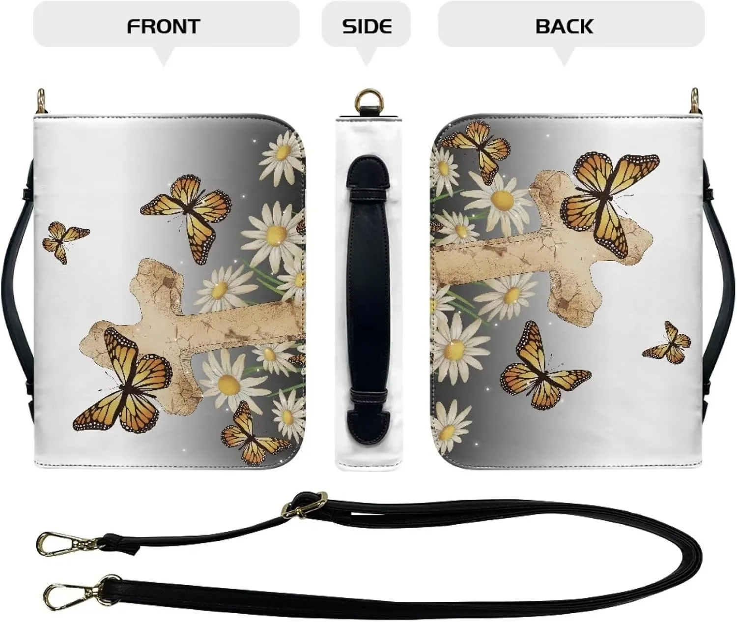 Talayituse Cross Butterfly Daisy Pattern Bible Cover for Women Men, Large Bible Case with Handle, PU Leather Bible Bag Tote Bag Bible Carrying Case with Adjustable Strap, L