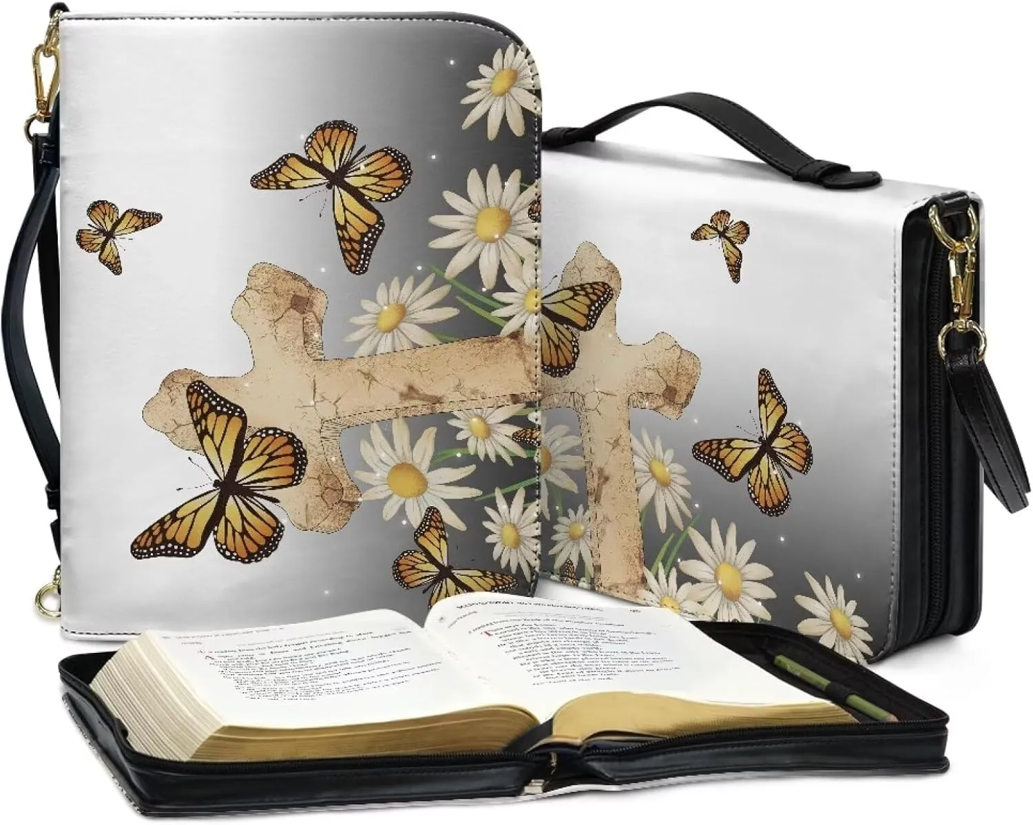 Talayituse Cross Butterfly Daisy Pattern Bible Cover for Women Men, Large Bible Case with Handle, PU Leather Bible Bag Tote Bag Bible Carrying Case with Adjustable Strap, L