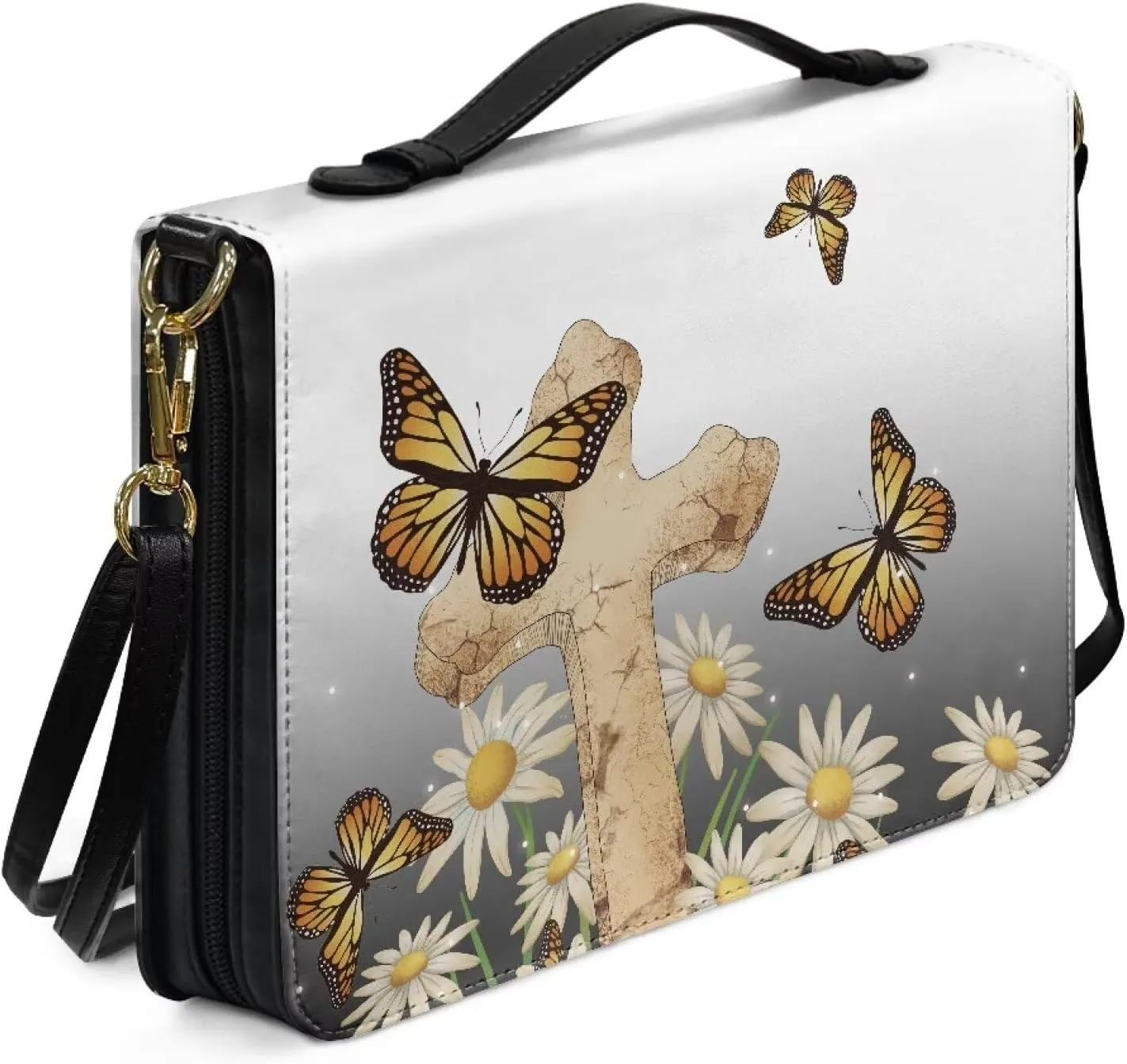 Talayituse Cross Butterfly Daisy Pattern Bible Cover for Women Men, Large Bible Case with Handle, PU Leather Bible Bag Tote Bag Bible Carrying Case with Adjustable Strap, L