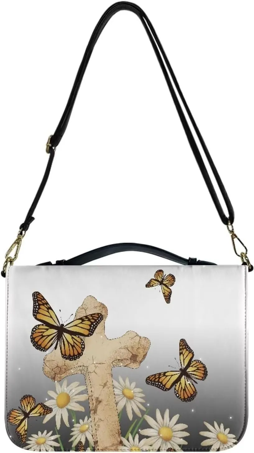 Talayituse Cross Butterfly Daisy Pattern Bible Cover for Women Men, Large Bible Case with Handle, PU Leather Bible Bag Tote Bag Bible Carrying Case with Adjustable Strap, L