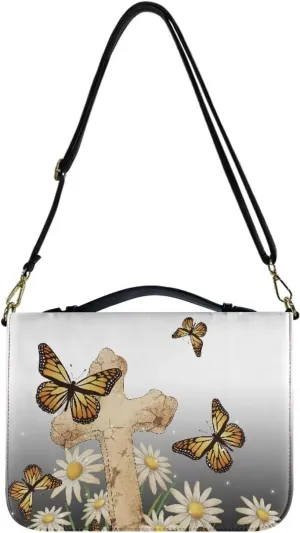 Talayituse Cross Butterfly Daisy Pattern Bible Cover for Women Men, Large Bible Case with Handle, PU Leather Bible Bag Tote Bag Bible Carrying Case with Adjustable Strap, L