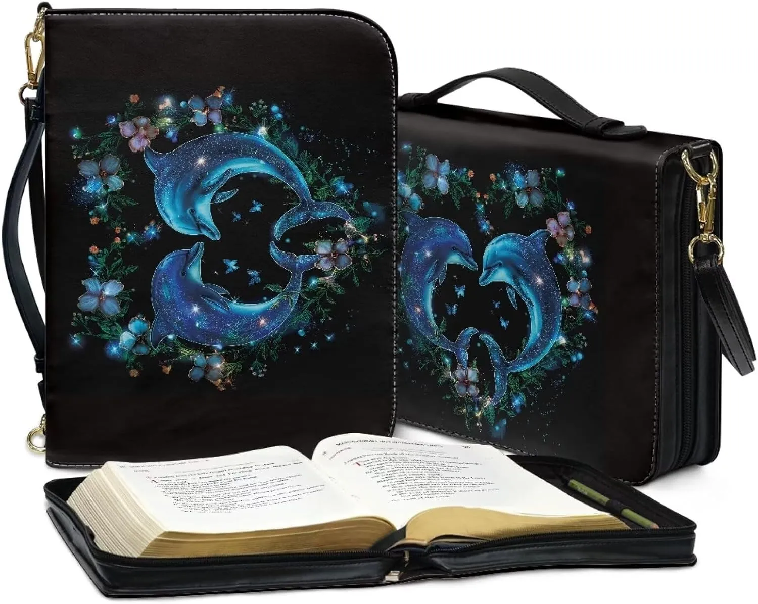 Talayituse Dolphin Butterfly Flower Pattern Bible Covers for Women Men PU Leather Bible Case Bag Tote Bag with Handle and Shoulder Strap, Large Size Zippered Church Bag Bible Carrying Accessories, L