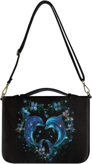 Talayituse Dolphin Butterfly Flower Pattern Bible Covers for Women Men PU Leather Bible Case Bag Tote Bag with Handle and Shoulder Strap, Large Size Zippered Church Bag Bible Carrying Accessories, L