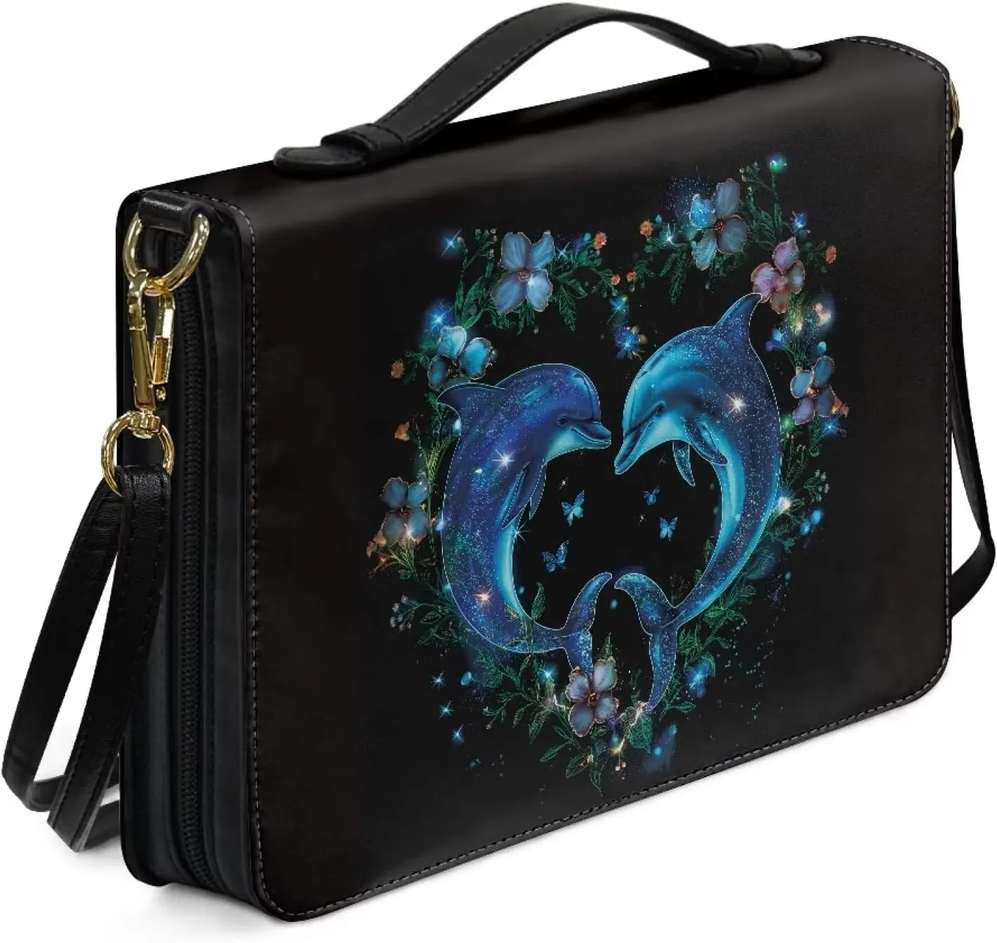 Talayituse Dolphin Butterfly Flower Pattern Bible Covers for Women Men PU Leather Bible Case Bag Tote Bag with Handle and Shoulder Strap, Large Size Zippered Church Bag Bible Carrying Accessories, L