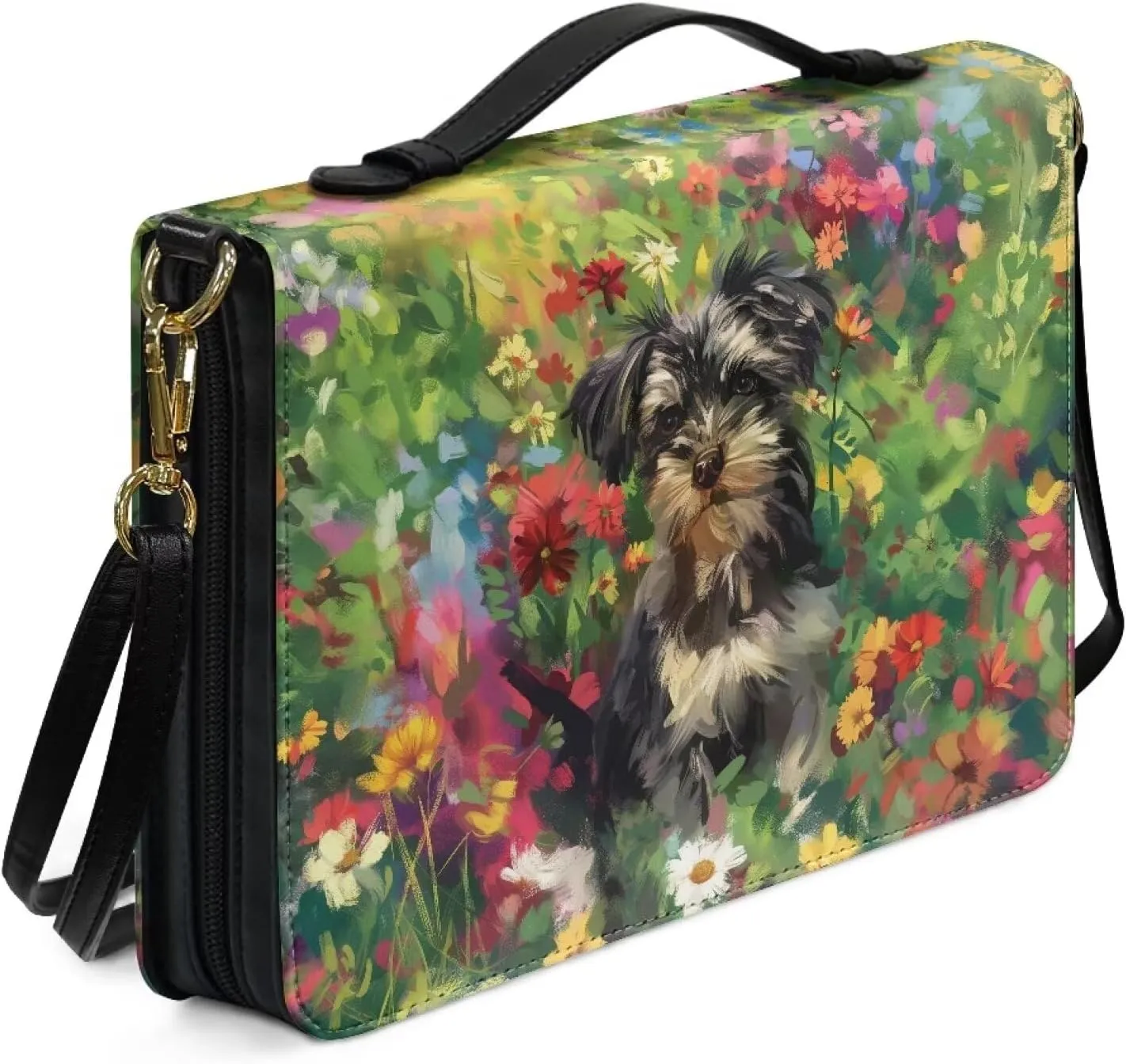 Talayituse Yorkshire Daisy Pattern Bible Cover for Women Men Lightweight Bible Cover PU Leather Makeup Organizer Expand Brief Case Journal Case Christian Purses Handbags with Shoulder Strap, 2XL
