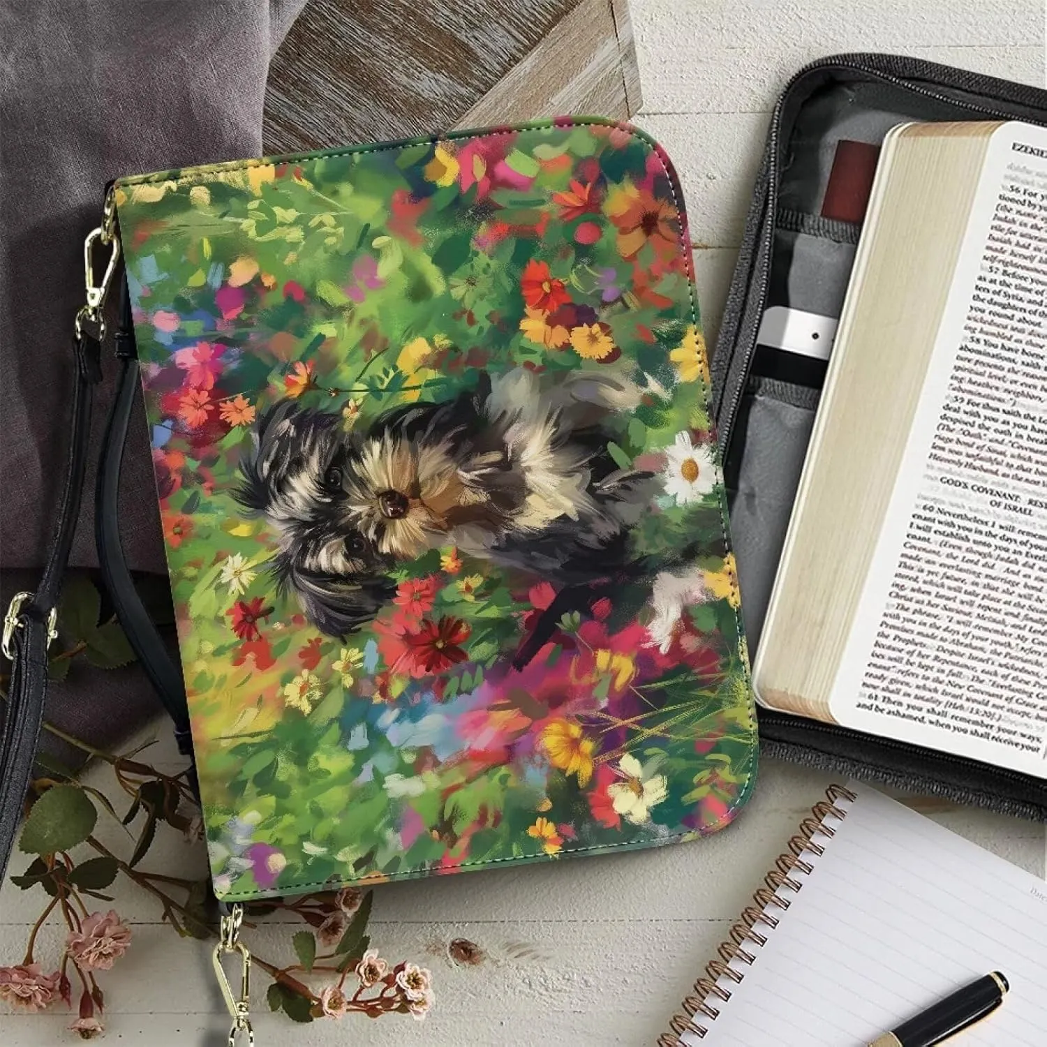 Talayituse Yorkshire Daisy Pattern Bible Cover for Women Men Lightweight Bible Cover PU Leather Makeup Organizer Expand Brief Case Journal Case Christian Purses Handbags with Shoulder Strap, 2XL