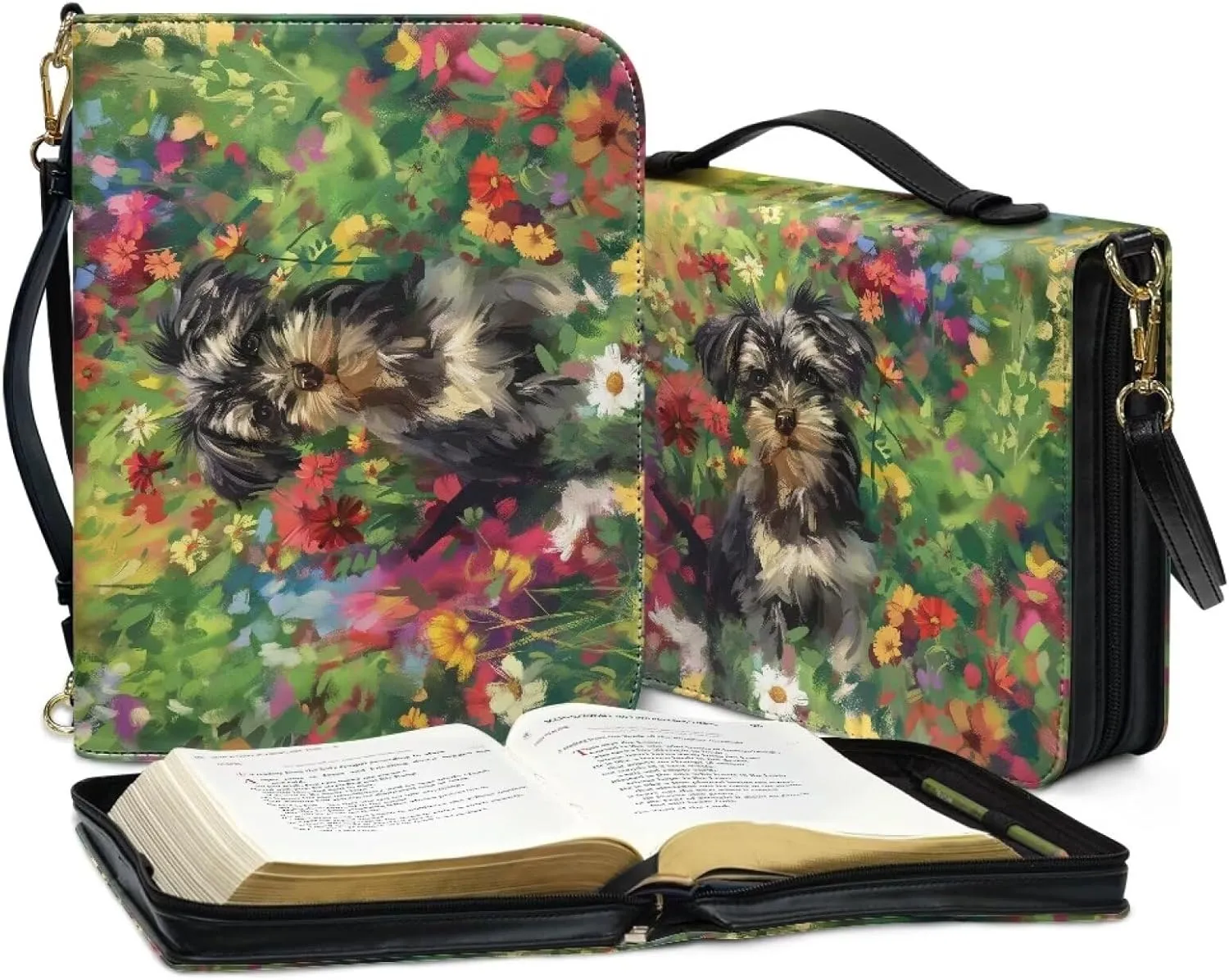 Talayituse Yorkshire Daisy Pattern Bible Cover for Women Men Lightweight Bible Cover PU Leather Makeup Organizer Expand Brief Case Journal Case Christian Purses Handbags with Shoulder Strap, 2XL