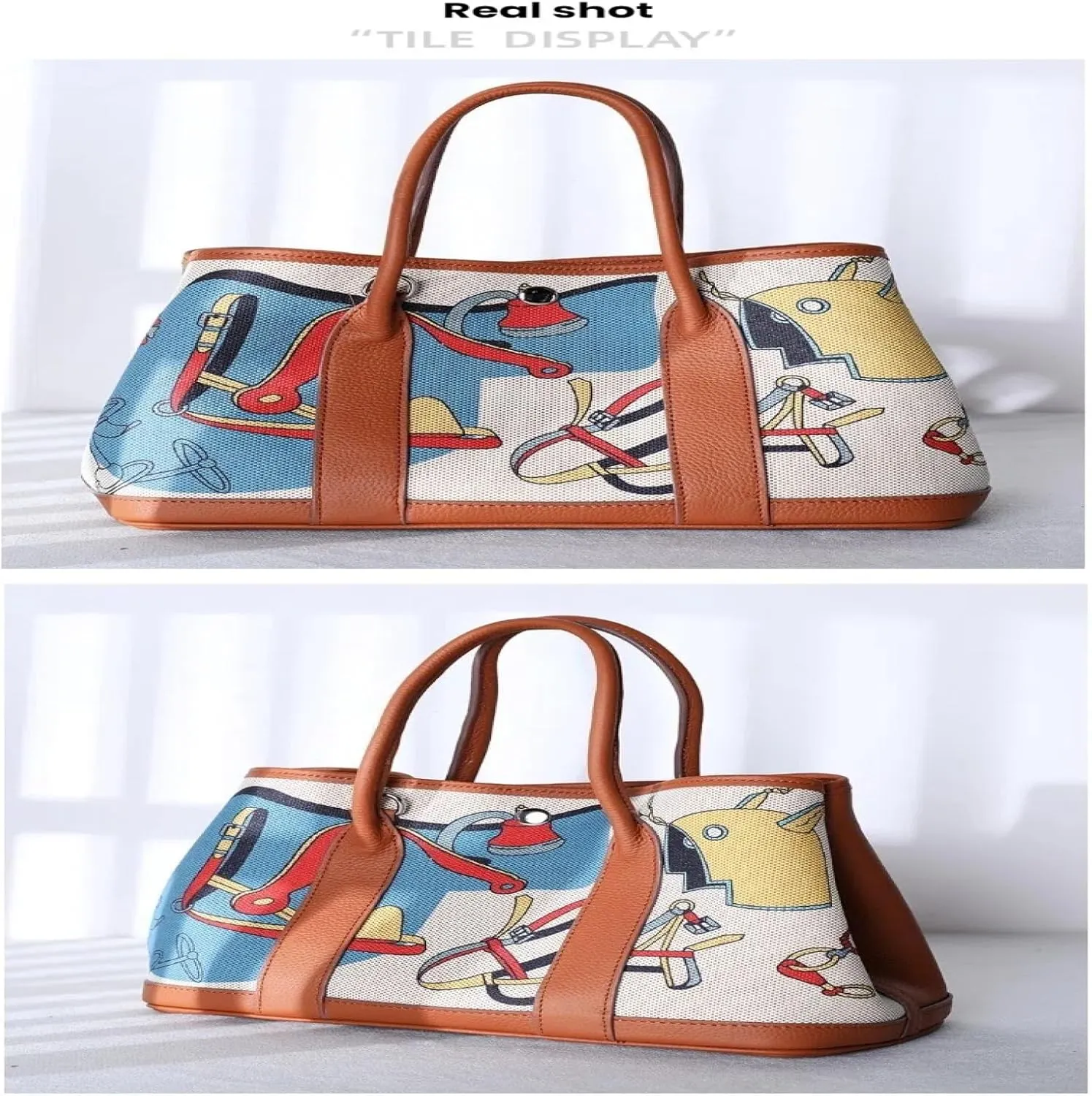 The First Layer of Cowhide Garden Painted Leather Graffiti Large Capacity Tote