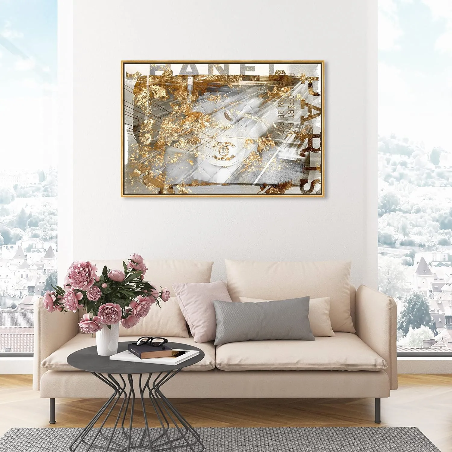 The Oliver Gal Artist Co. Fashion and Glam Framed Wall Art Canvas Prints 'No1 Bag' Handbags Home Décor, 45" x 30", Gold, White